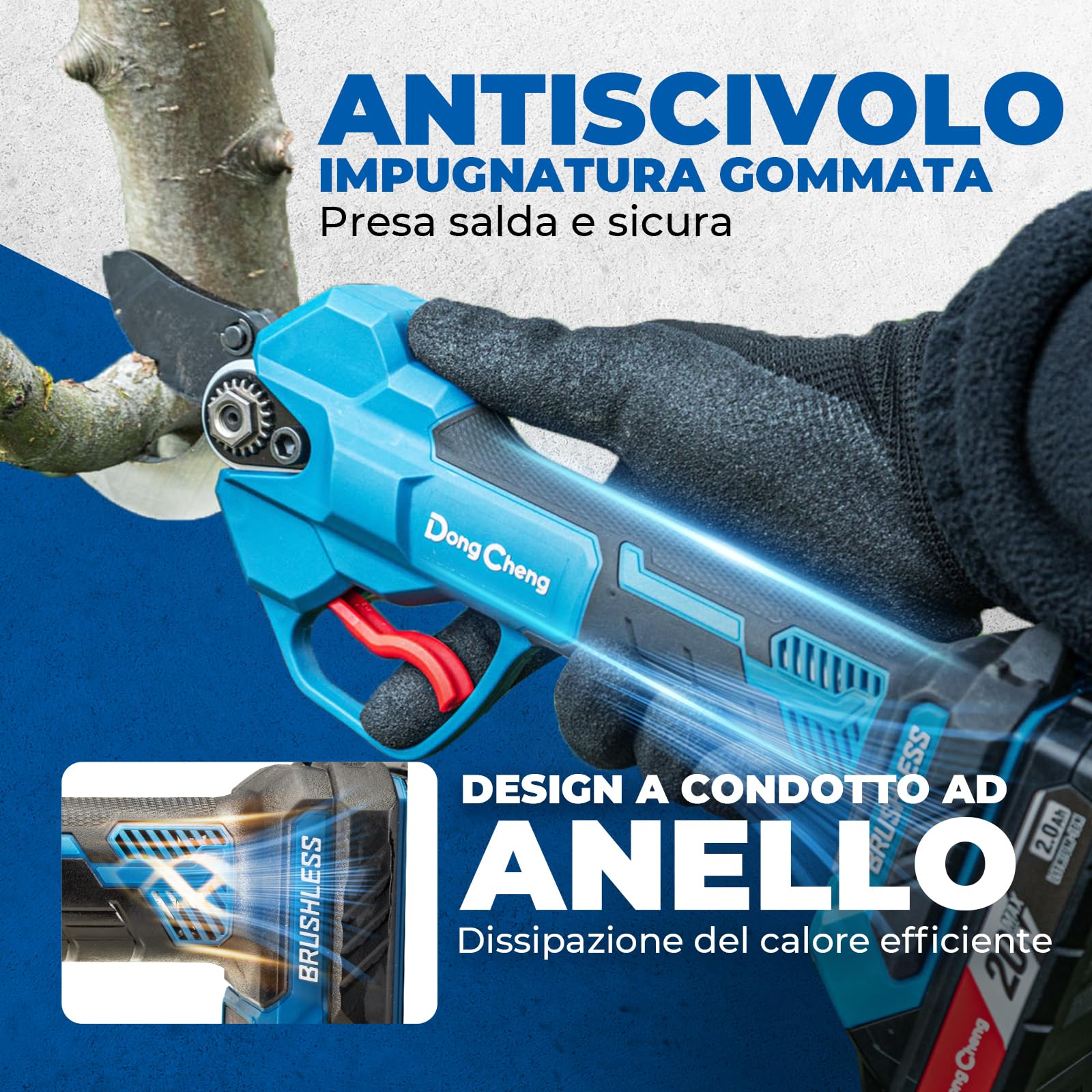 Dong Cheng Troncarami a batteria da 20 V, 4 livelli di taglio fino a 35 mm, motore professionale senza spazzole, 2 batterie da 2,0 Ah, caricatore da 2 A, lama SK5 – per alberi da frutto, giardinaggio