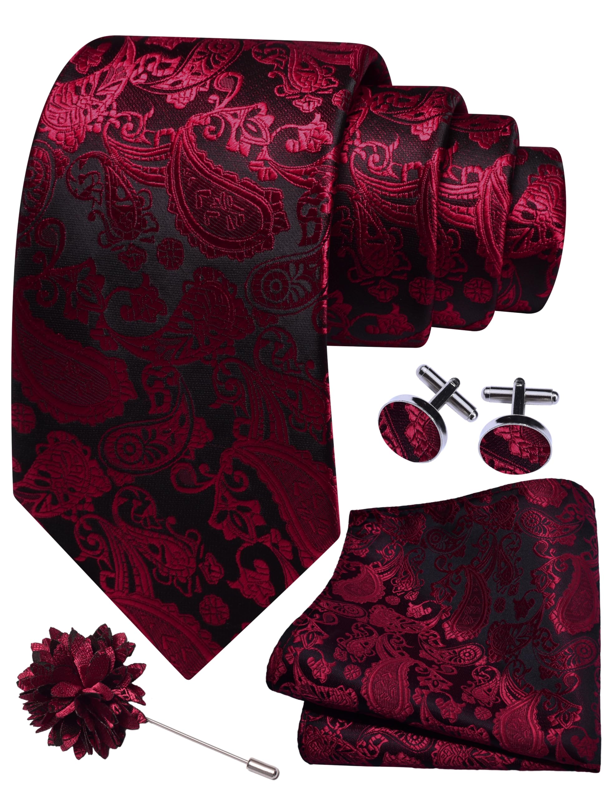 gusleson 3.15"（8cm） Mens Paisley Necktie Hankerchief Cufflinks Lapel Pin Set for Men-picture-25