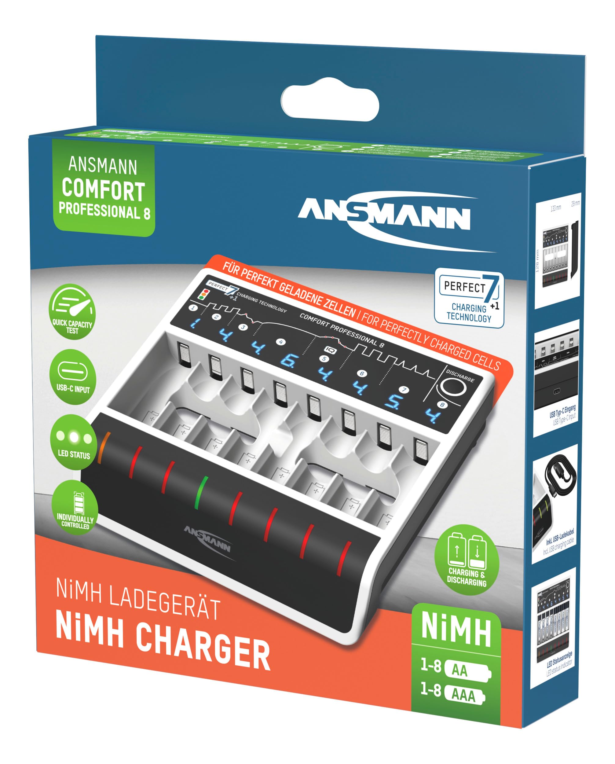 ANSMANN Cargador rápido con Entrada USB para 1 a 8 baterías NiMH de tamaños Micro AAA y Mignon AA, Comfort Professional 8