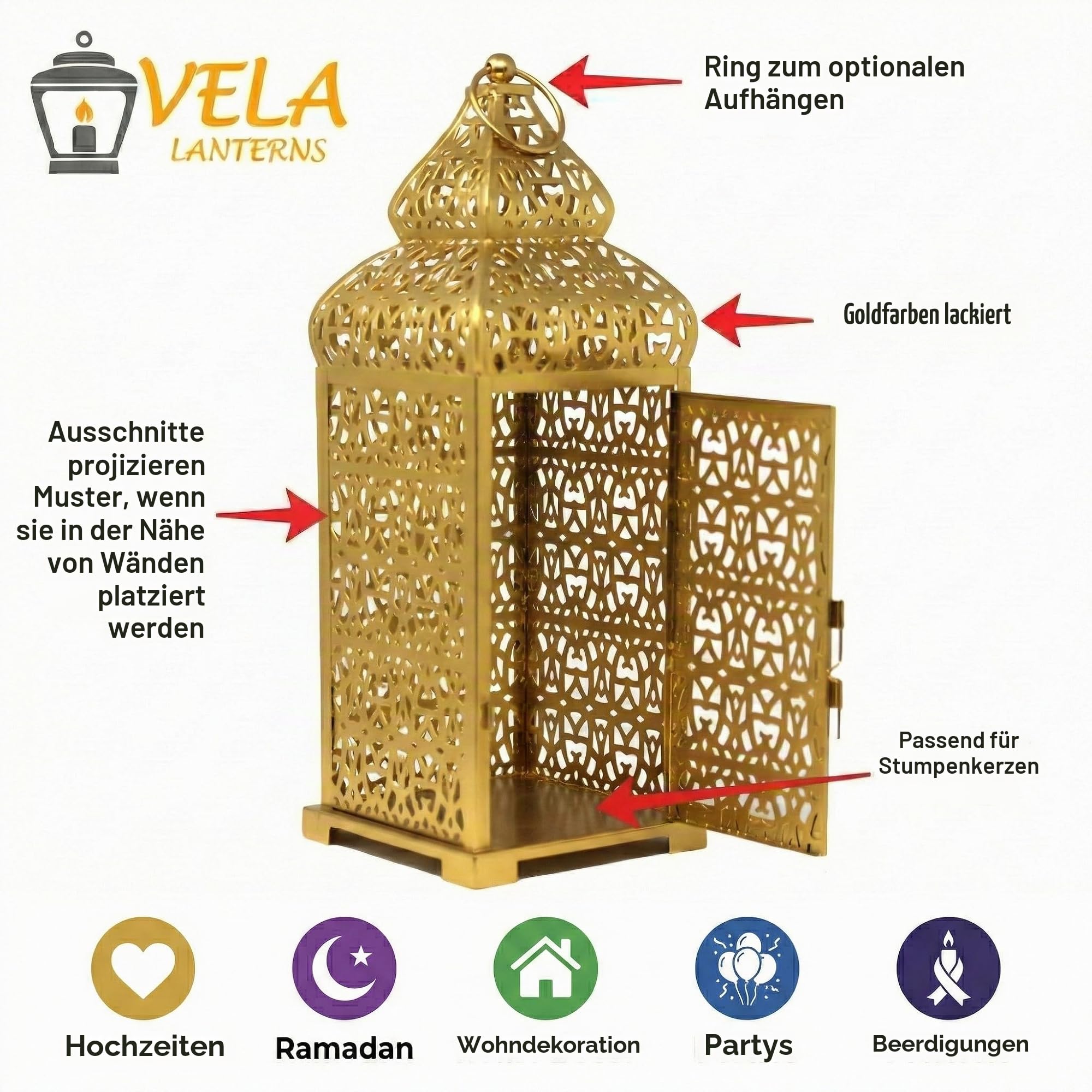 VELA LANTERNS Große goldene Tempel marokkanische Laterne Lampe Dekorative Kerzenhalter für Ramadan-Dekorationen, Hängen, Außenterrasse oder Veranda, Inneneinrichtung, Gold, 2 Stück