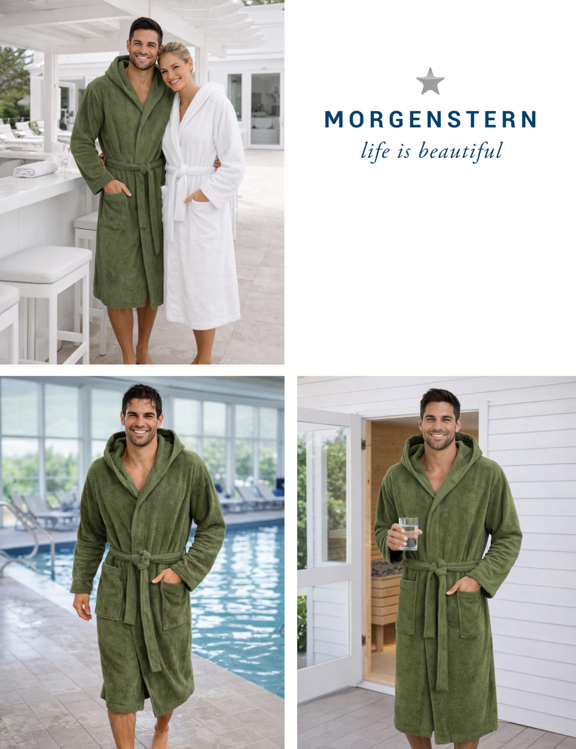Morgenstern Peignoir Homme 100% Coton Éponge Capuche Classique Long Oeko-Tex-Standard