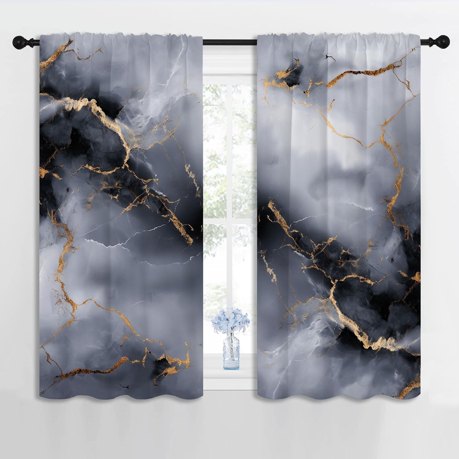 大理石遮光カーテン 男の子 女の子 寝室の装飾、ゴールデンクラック ブラック ホワイト テクスチャ 抽象的な断熱ロッドポケット ドレ