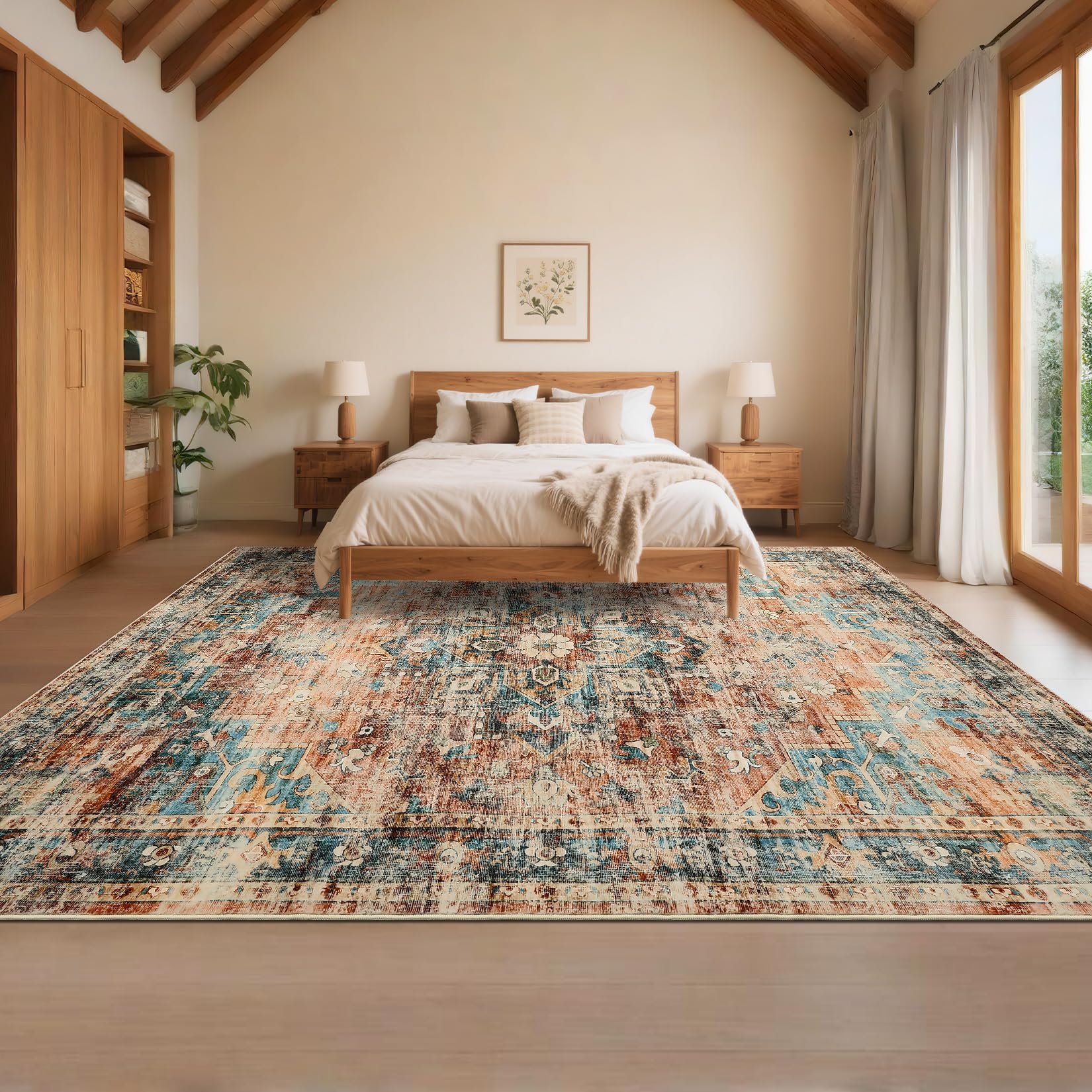 Washable Vintage Living Room Area Rug 200x290cm Vintage Machine Washable Area Rug for Living Room Indoor Large Non-Slip Bedroom Carpet Low Pile Stain Resistant Dining Room Carpet Terracotta Teal