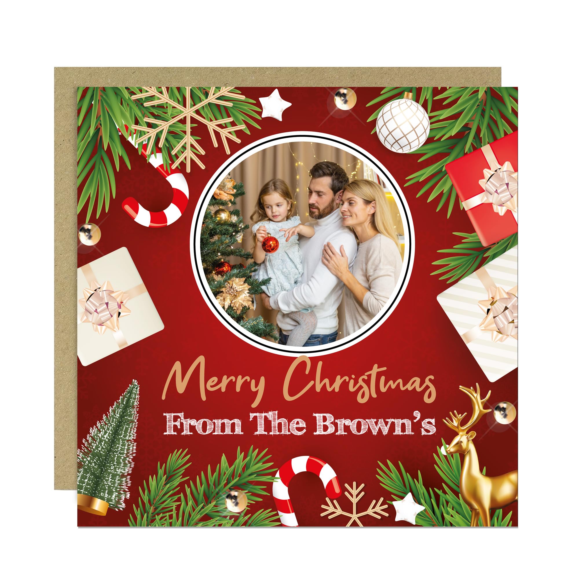 RED OCEAN Personalised Christmas Xmas Card Your Custom Photo Greetings Card For Christmas Friend and Family Cards For Xmas 145x145mm With Kraft Envelope