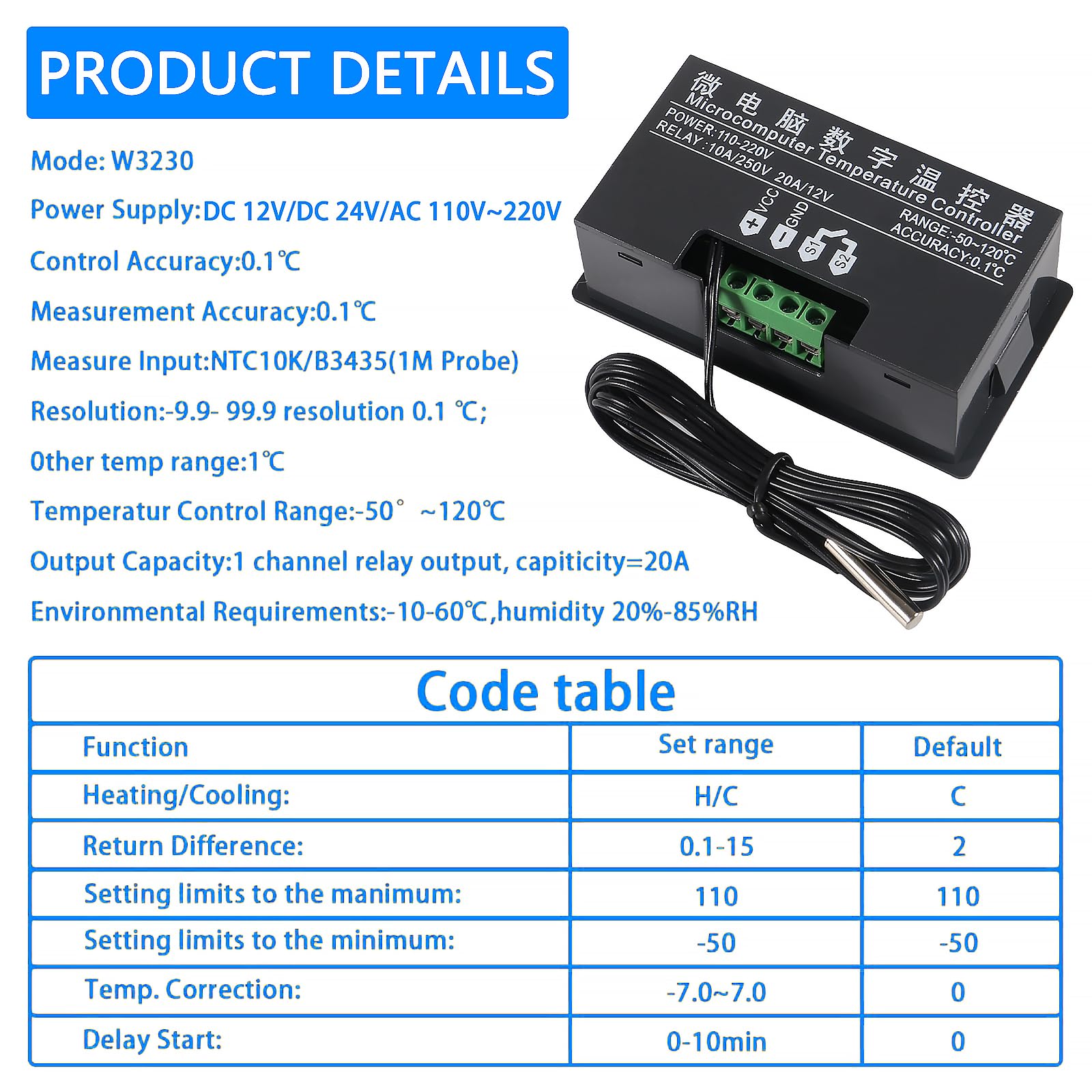 Cyfrowy regulator temperatury W3230 z wodoodpornym czujnikiem AC 110-220 V, programowalny termostat elektroniczny od -50℃ do 120℃