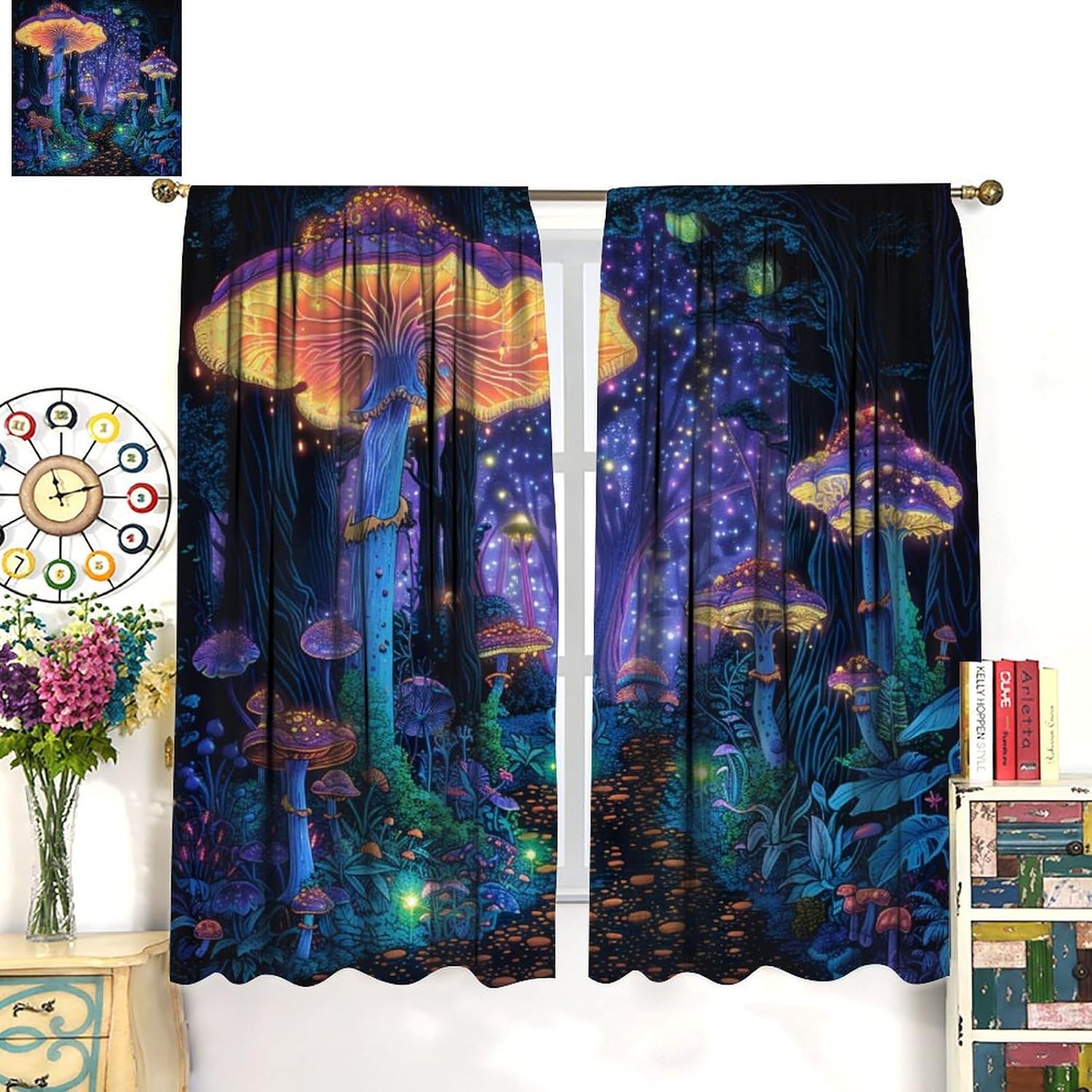 Neon Star Mushroom Forest Blackout Curtains for Bedroom Living Room, Fantasy Nature Plant Tree Thermal Insulated Room Darkening Curtain - 42" W x 45" L