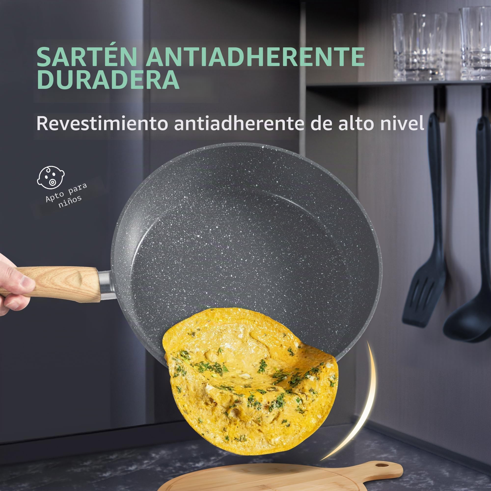 Kitchen Academy Juego de ollas y sartenes,12 piezas,revestimiento antiadherente,juego de utensilios de cocina con tapa, para inducción,cocinas de gas y microondas,color gris (KA-CS01-001)