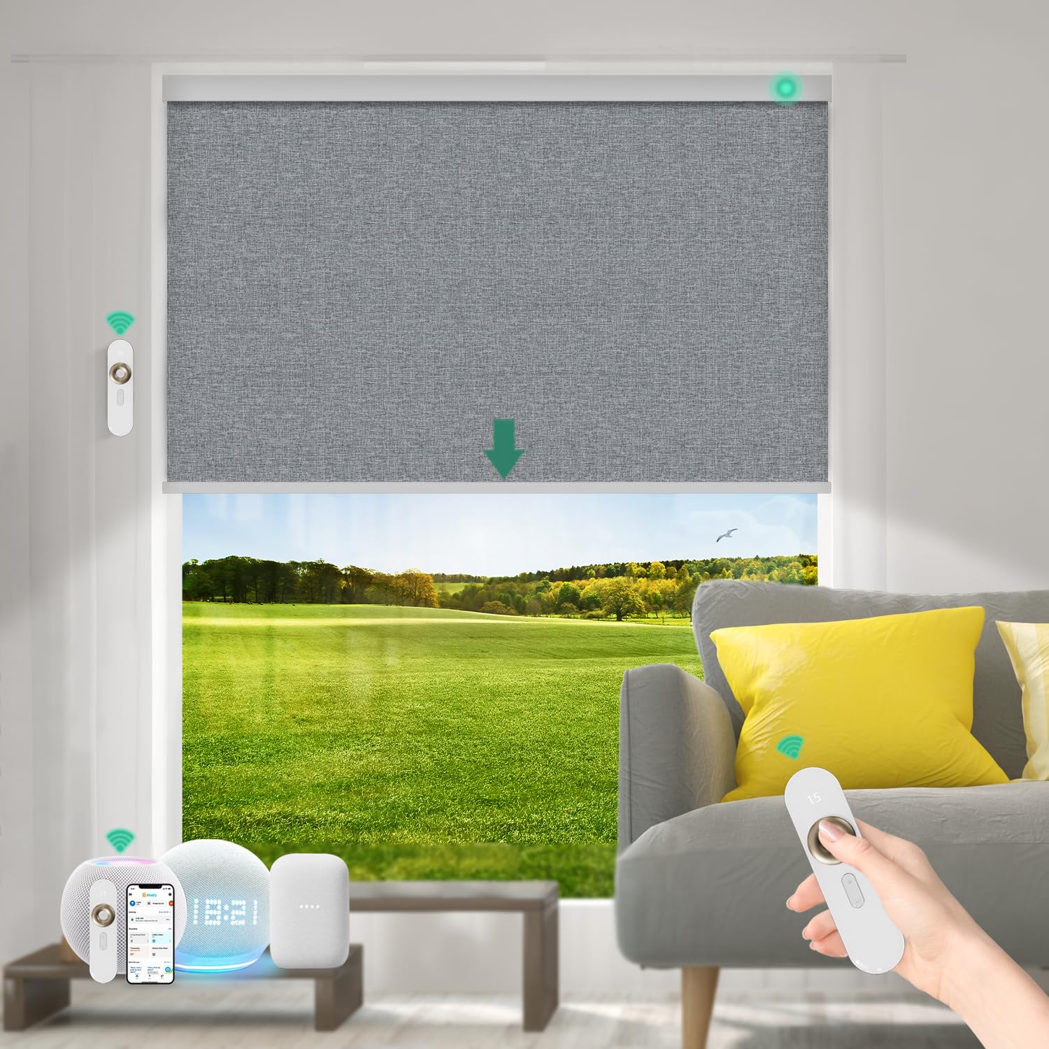 Bliwans Motorized Blinds with Remote [100% Blackout & Silent Motor] Smart Blinds Compatible with Alexa Google HomeKit, Electric Roller Shades for Indoor Windows, Customized Size, Mist Deep Gray