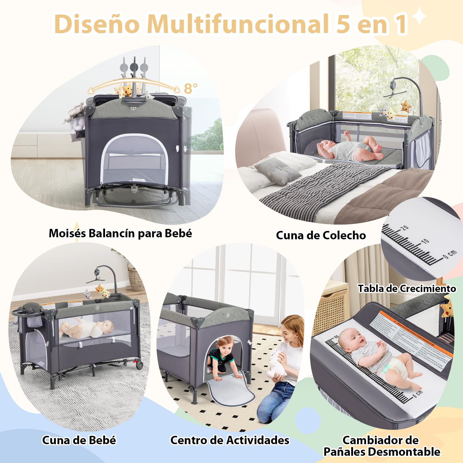 RELAX4LIFE 5 en 1 Cuna Bebé con 5 Alturas Ajustables, Cambiador, Colchón, Caja Música, Juguetes Colgantes y Bolsa de Transporte, Cuna de Viaje con 2 Ruedas Bloqueables para Bebés 0-3 Años (Gris Claro)