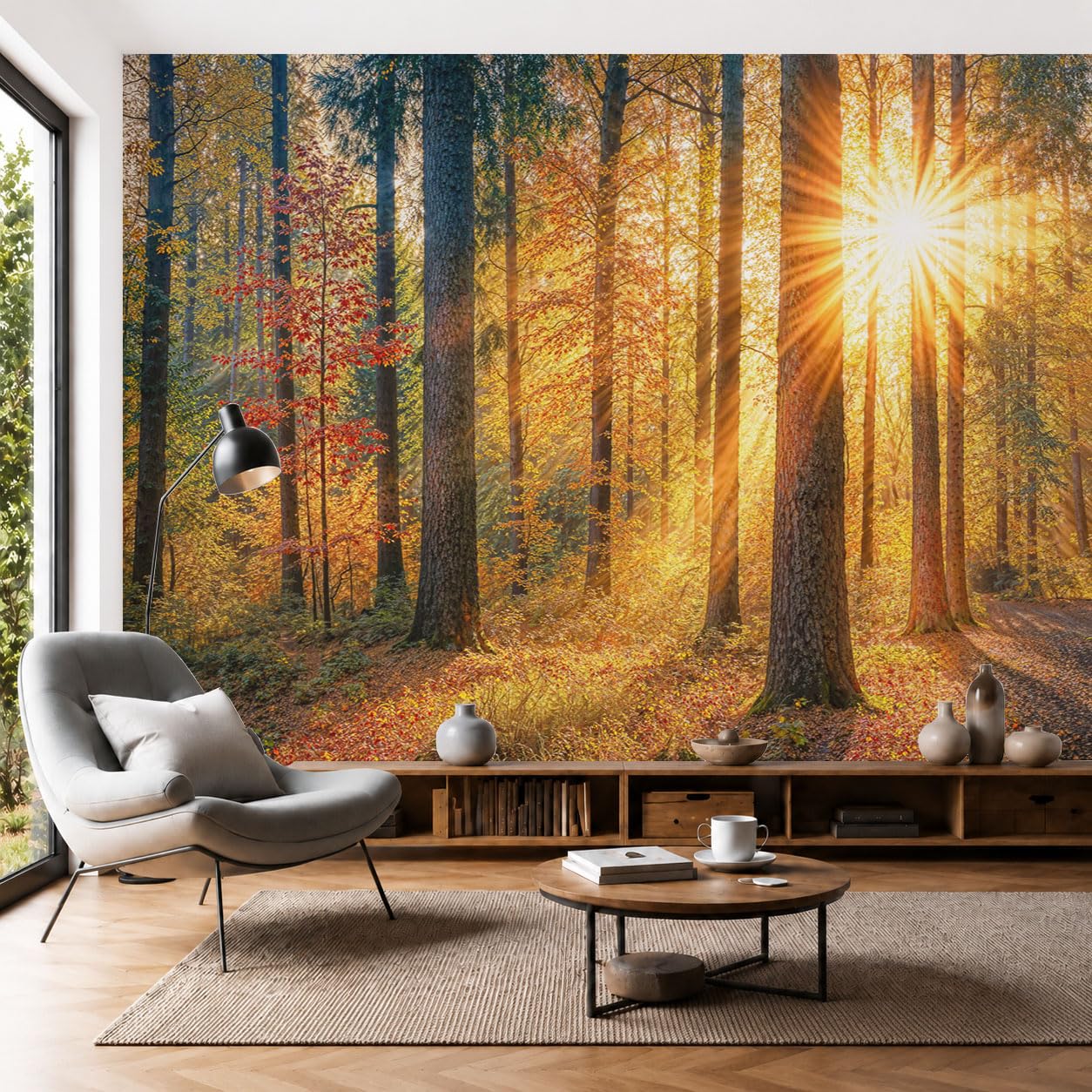 Papier peint marbre et forêt d'automne panoramique 300x210cm doré pour salon