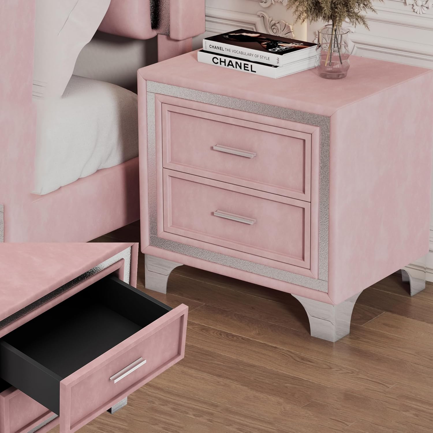 Velvet Upholstered Nightstand with Drawers and Handle, Mid Century Modern Nightstand Fully Assembled Except Legs and Handles, Set of 1(Pink)