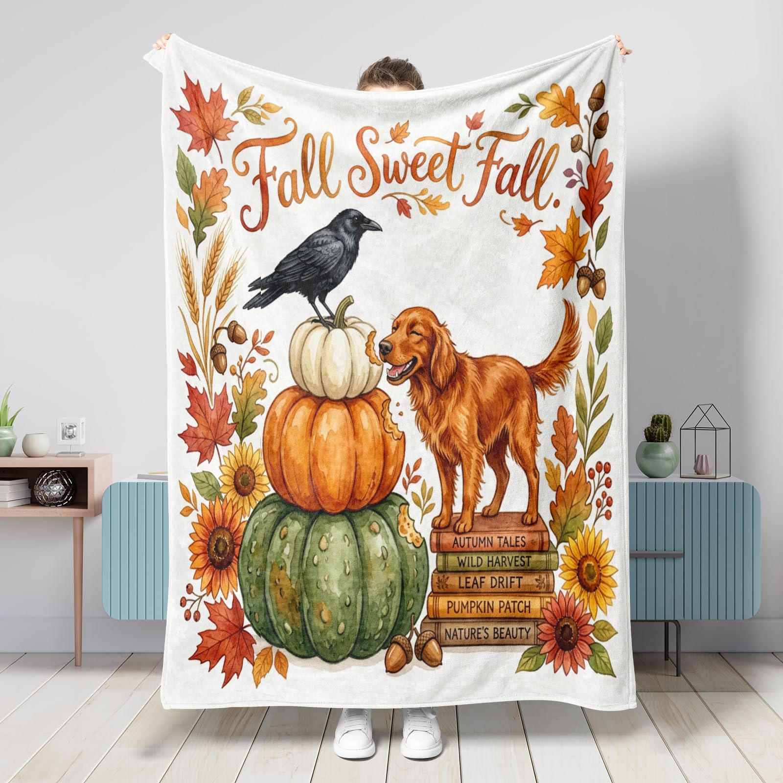 Couverture citrouille d'automne plaid cocooning pour canapé et salon 152x203 cm
