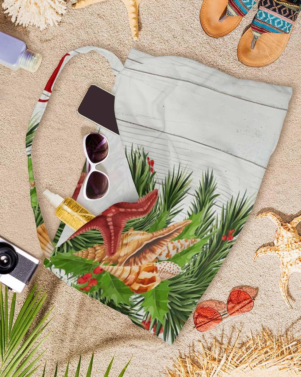 Christmas Beach Pool Patio Lounge Chaise Chair Cover Towel With Pockets,Absorbent & Quick Dry Microfiber Towel Cover Bag Summer Accessories for Sunbathing Vintage Wood Grain Pine Needle Shell Starfish
