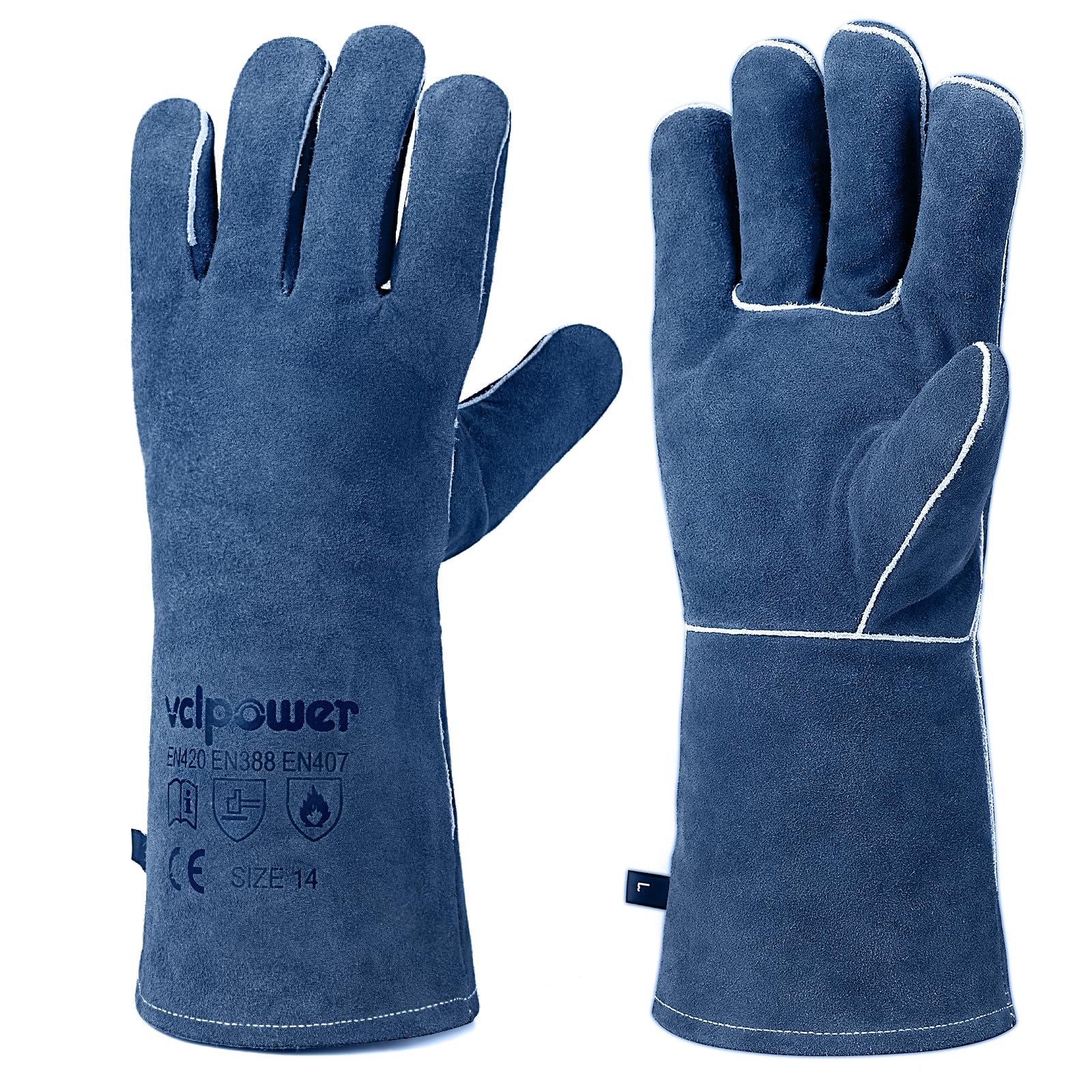 vclpower Welding BBQ Fire Gloves Fire Heat Resistant 14in Fireproof Leather for Fire Pit Wood Stove Log Wood Burners BBQ Baking,Grill Oven Stick Mig Tig Welding Gear Gift for Man L, Animal Handling