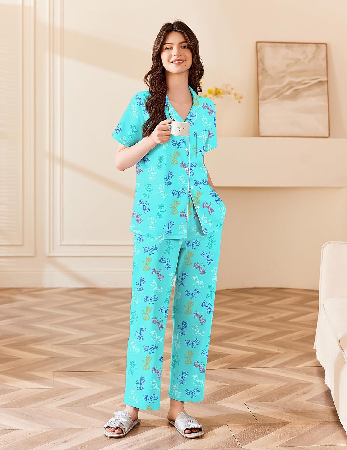 Ekouaer Women's 100% Cotton Pajamas Set Short Sleeve Button Down Pjs 2 Piece Soft Sleepwear with Long Pants Lounge Set - Image 3