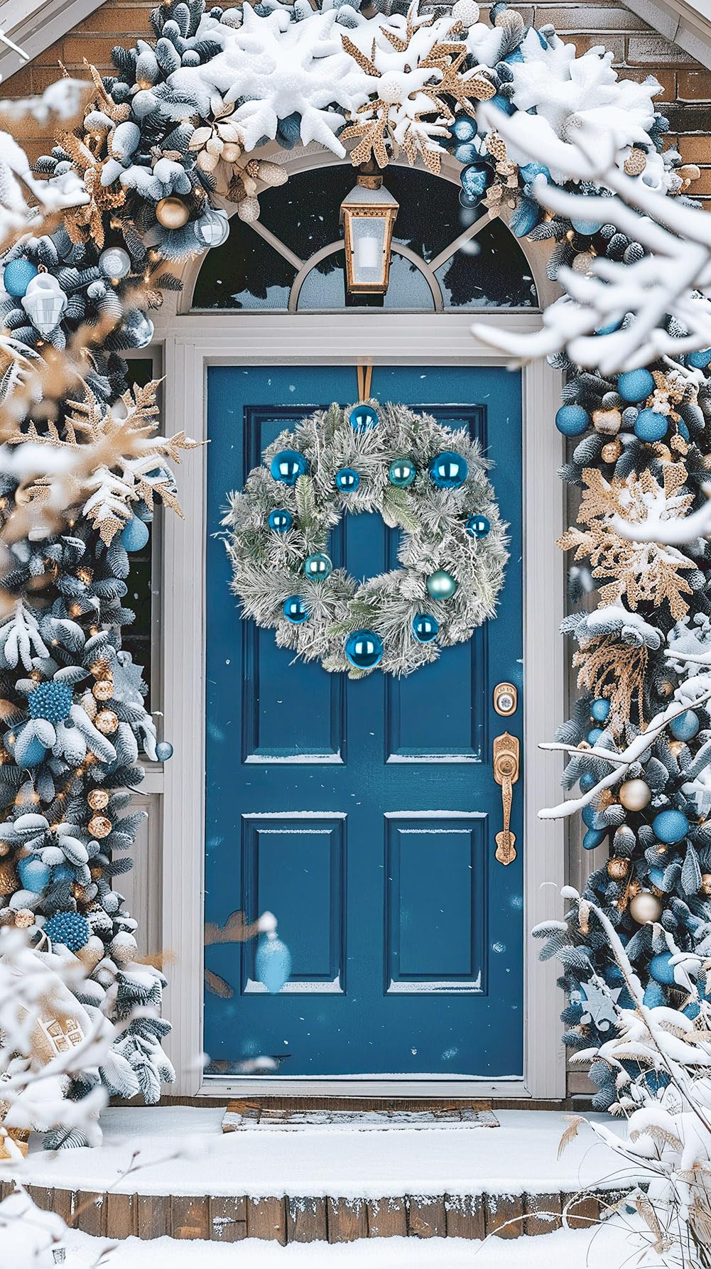 Oairse Couronne de Noël de 61 cm pour porte d'entrée, grande couronne de porte avec boules bleues, grande couronne artificielle décorative avec pin enneigé, décorations de Noël à suspendre pour