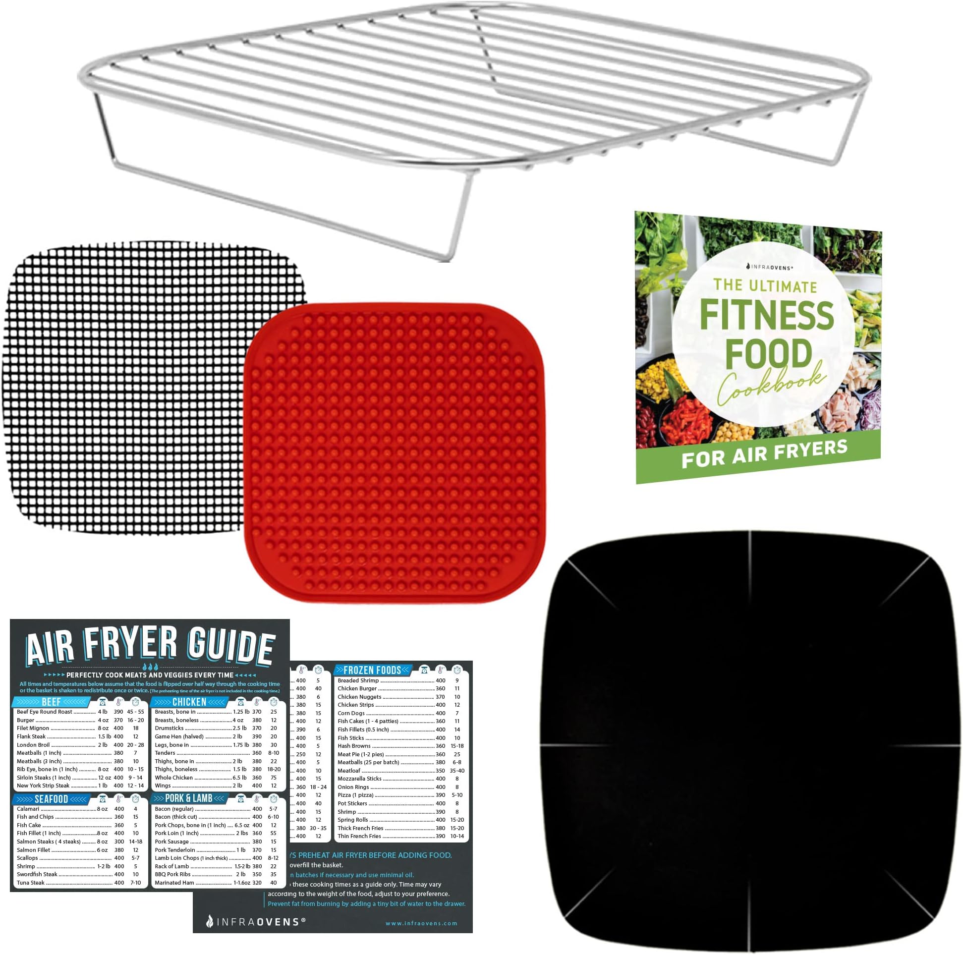 Air Fryer Accessories with Rack, Reusable Mats and Cheat Sheet Guides Compatible with Gowise, Chefman, Cosori, PowerXL Grill, Nuwave®, Gourmia + More - Stainless Steel Air Fryer Rack, Square 8.7 inch