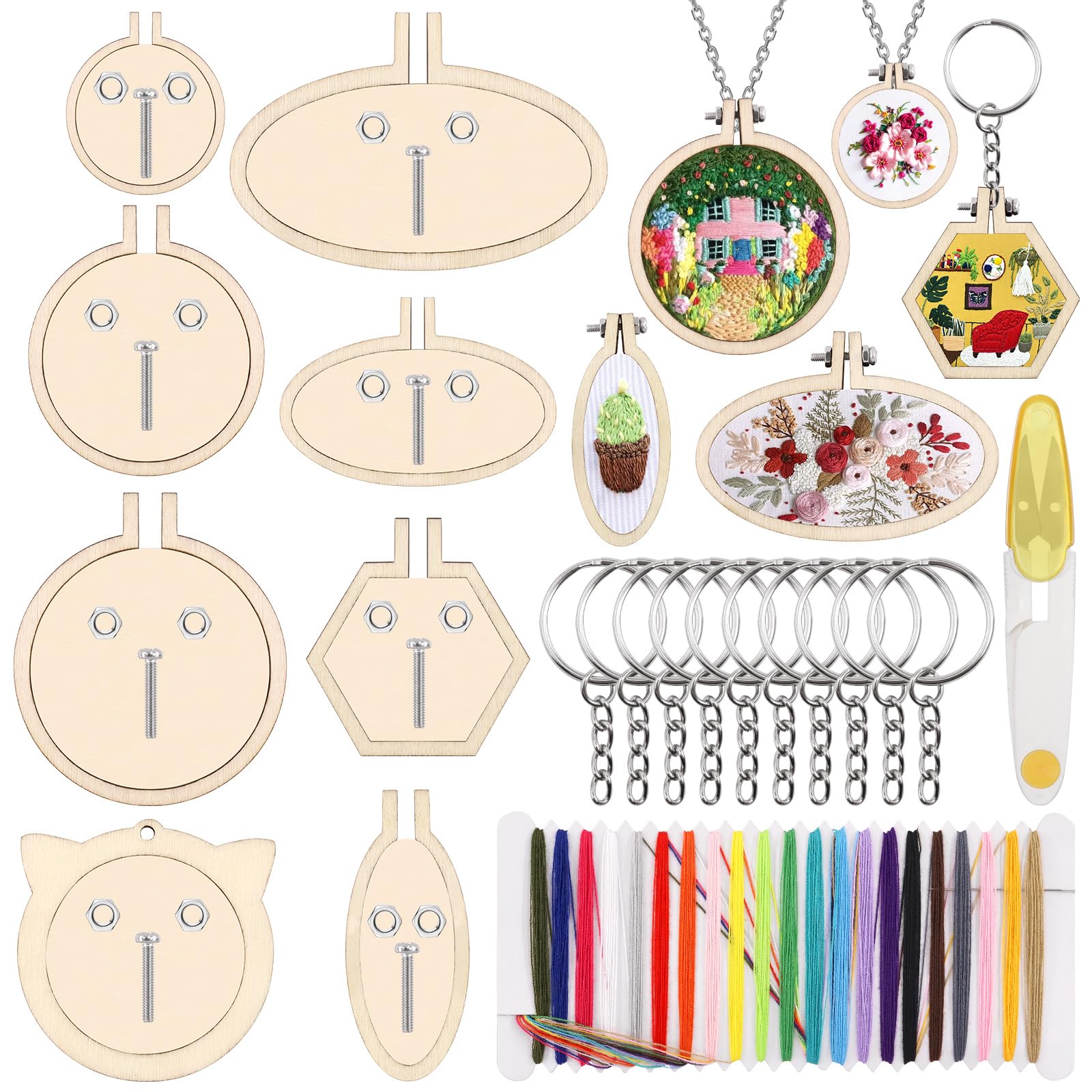 Swpeet 20Pcs Mini Embroidery Hoop Kit with Key Rings, Thread and Scissors, Wooden Mini Crossing Stitch Hoop Small Display Frame Ideal for Art Craft Sewing and Hanging Ornaments Home Decor - 2