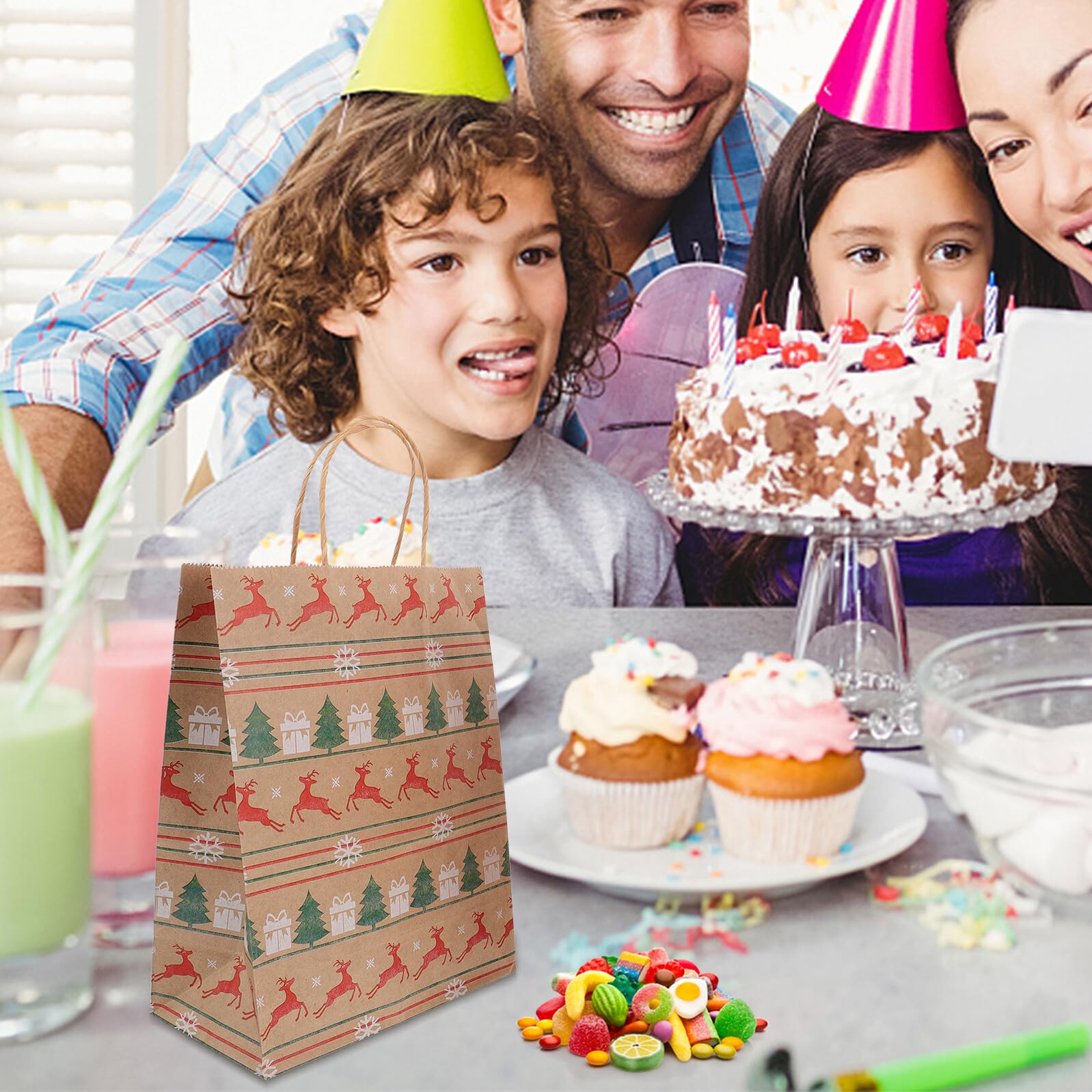 IWOWHERO Bolsas de Embalaje de Papel Kraft para Dulces Navideños 20 Unidades Tamaño 27X21X11 CM Resistentes y Ecológicas para Regalos y Fiestas