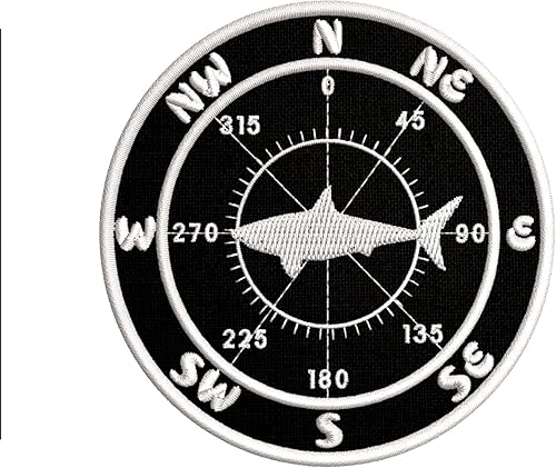 Brújula con parche bordado de tiburón, apliques bordados para planchar o coser - Color negro - náutico mar océano criaturas playa - divertido