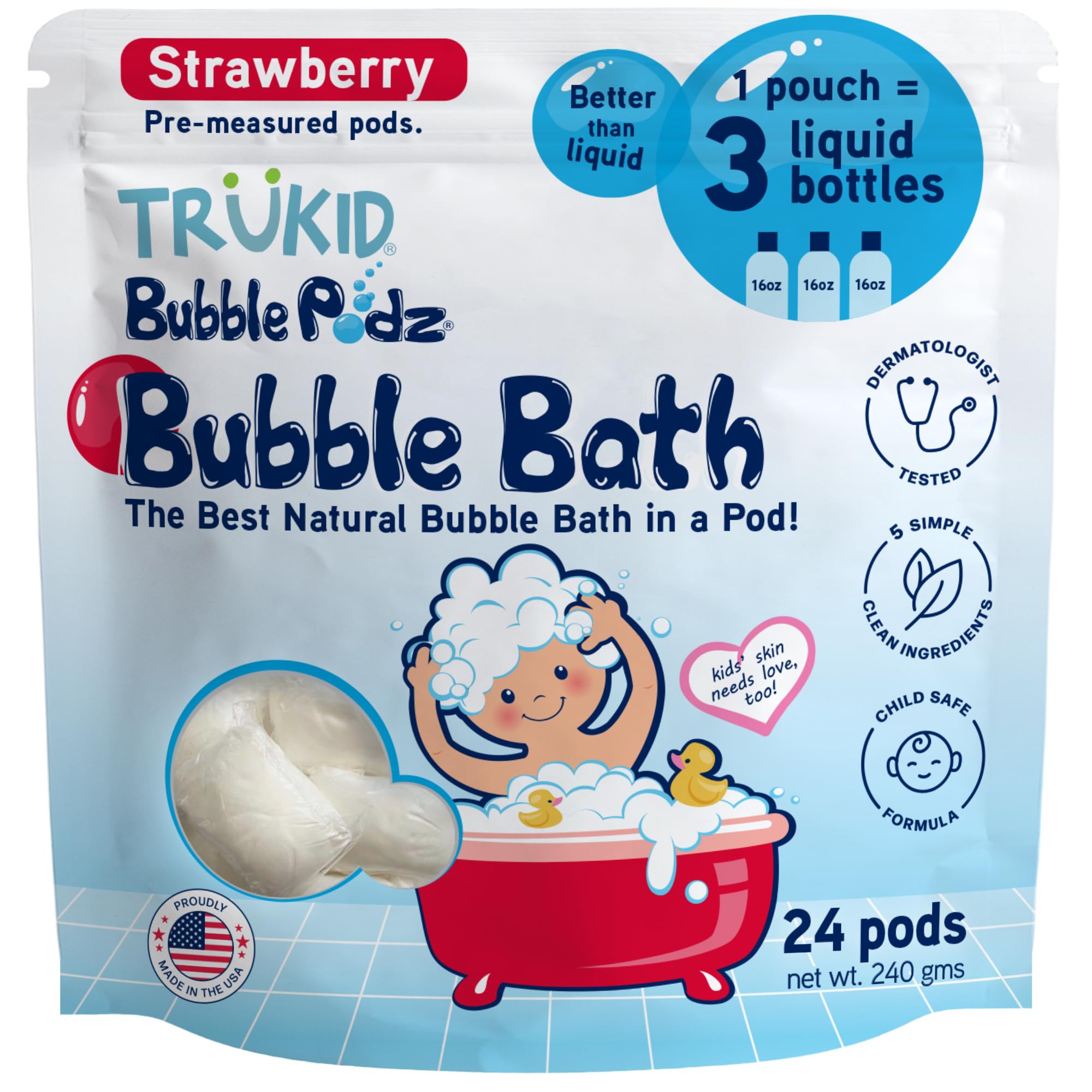TruKid Bubble Podz Bubble Bath for Kids, Toddlers, &amp; Babies, Tear Free Gentle &amp; Refreshing Bath Bomb for Sensitive Skin with Natural Moisturizers, Non-Toxic, pH Balanced, Strawberry Scent (24 Podz)