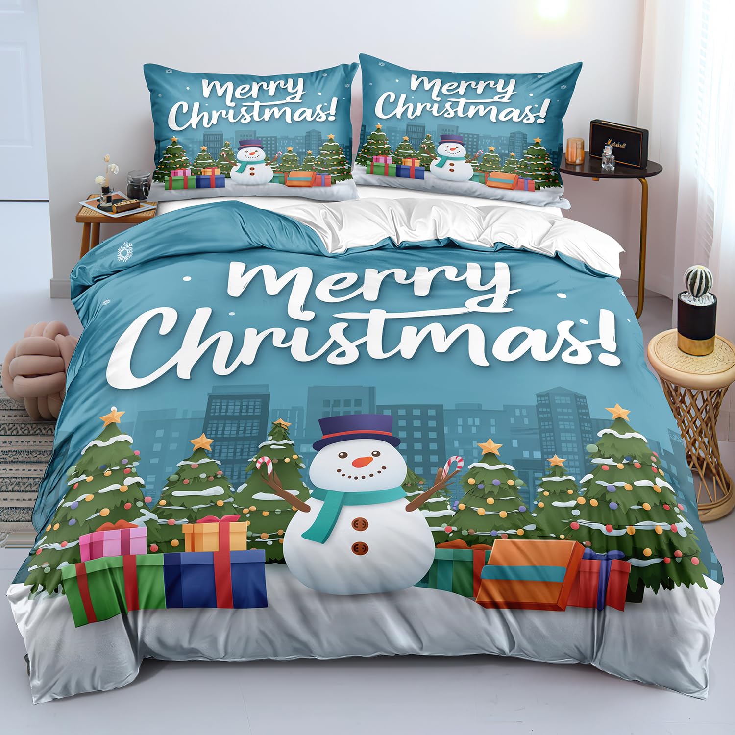 Parure de lit d'hiver Joyeux Noël housse couette microfibre douce cadeaux sapins lit enfant