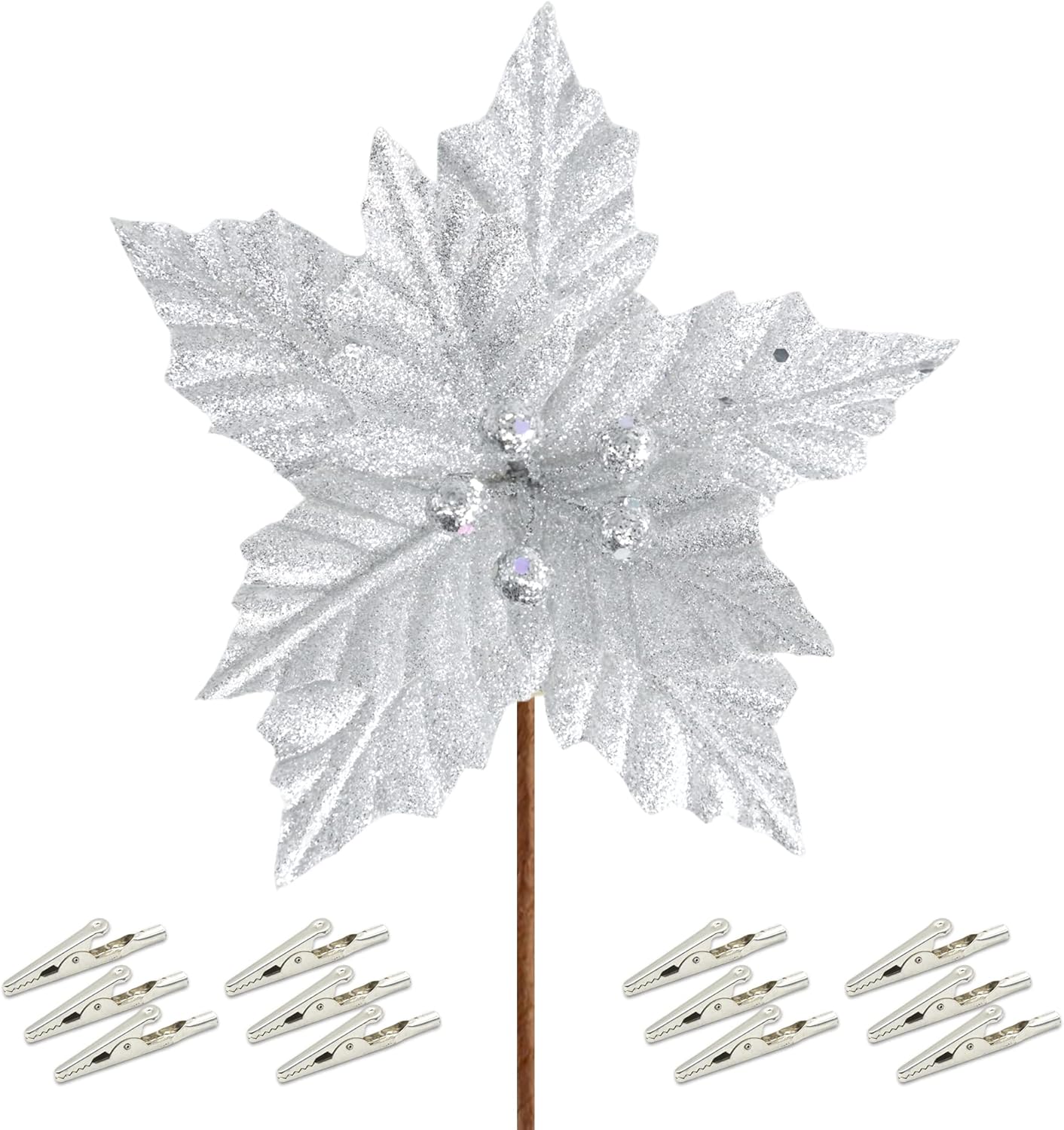 XJXYGY 12 Pcs 5.9in Silver Artificial Christmas Poinsettia