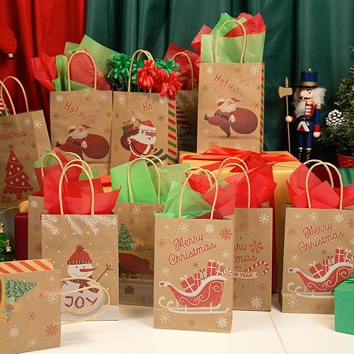 Miniatura 8 de VGOODALL 30 bolsas de regalo de Navidad con papel de seda, bolsas de regalo de papel kraft con asa, bolsas de regalo de Navidad para fiestas de