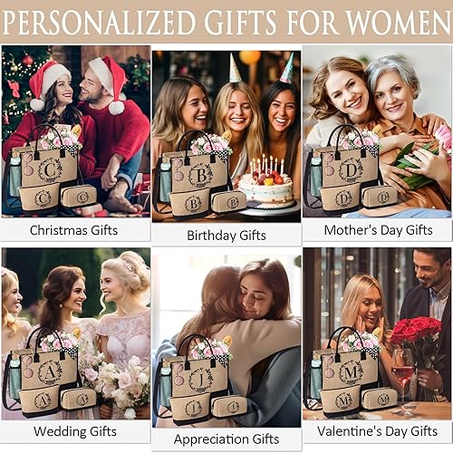 Miniatura 5 de Regalos de Navidad personalizados para mujer, bolsa de mano con inicial de yute y bolsas de maquillaje, bolsa de playa con monograma con cremallera,