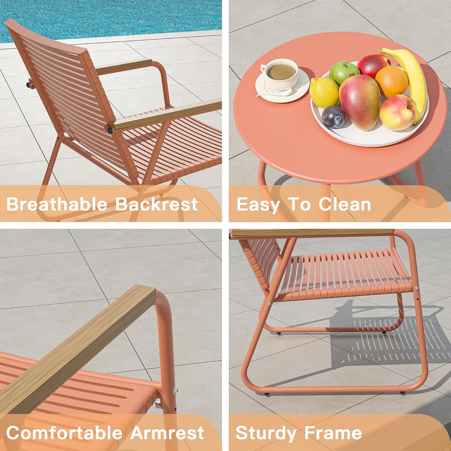 3-Piece Patio Furniture Set, Outdoor Conversation Set with 2 Chairs and Tempered Glass Table, Space-Saving Balcony Furniture for Apartment, Backyard, Porch, Orange