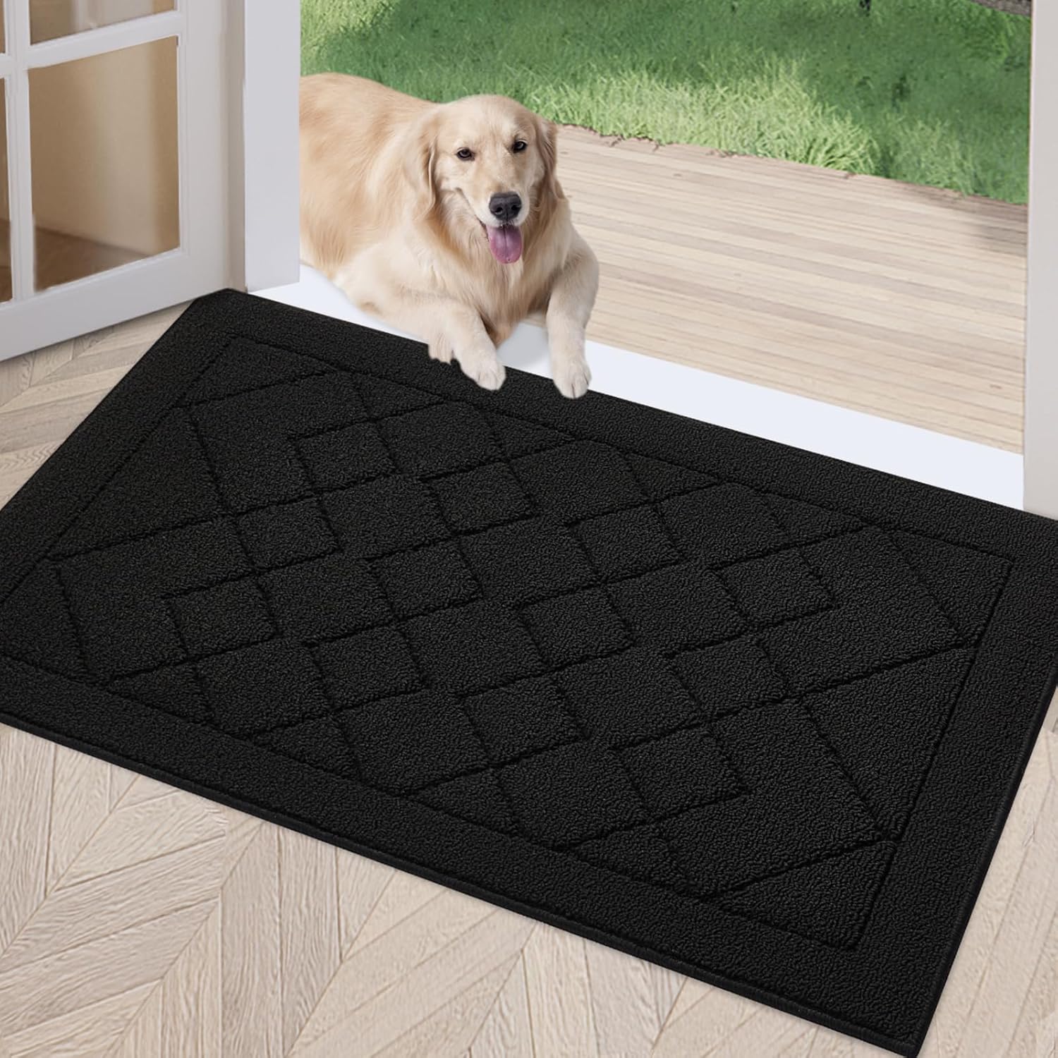 REFETONE Indoor Doormat, Front Back Door Mat 24"x36" Rubber Backing Non Slip Mats, Absorbent Washable Entrance Doormat for Entryway, Resist Dirt Low-Profile Inside Floor Mat for Muddy Shoes, Black