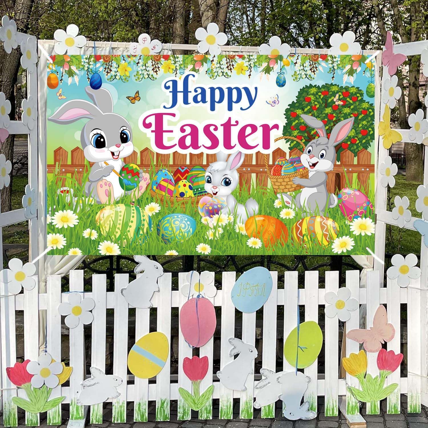 Happy Easter Banner, Large 70" X 43" Easter Backdrop, Easter Party Decorations, Easter Day Photography Background