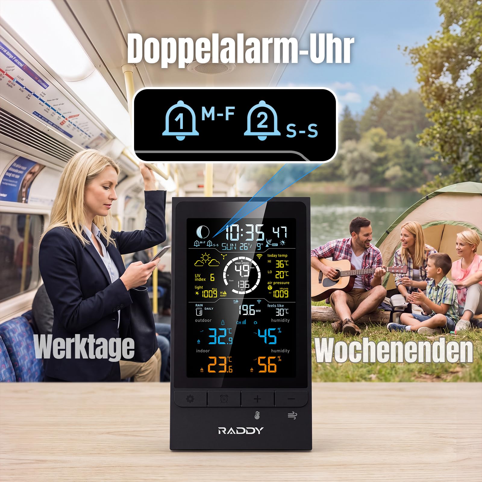 Raddy UV7 Profi 12-in-1 Funk-Wetterstation Innen Außen mit Außensensor