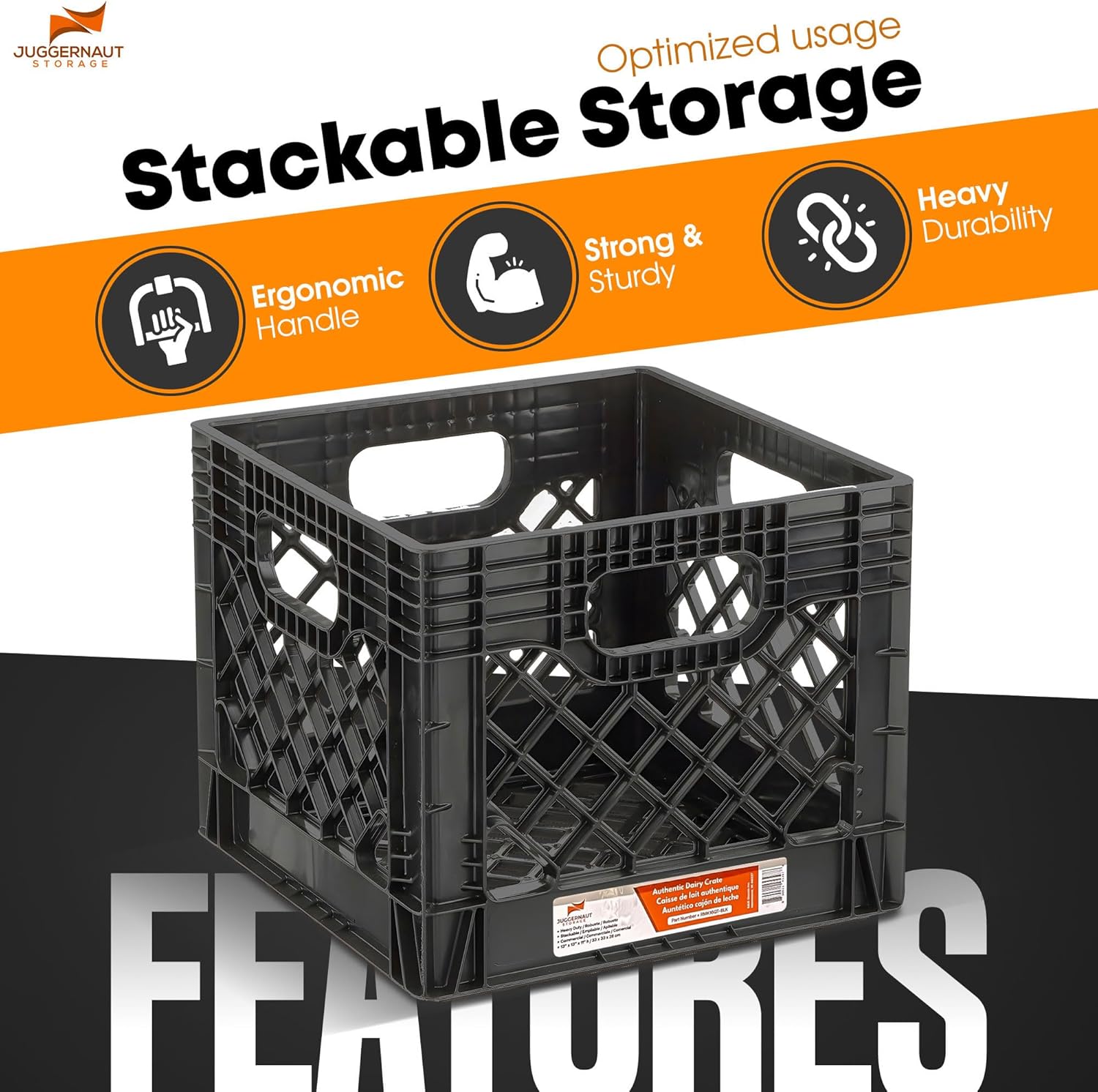 Juggernaut Storage 2-Pack Stackable Heavy Duty Milk Crates with Handles, 16 Qt, Black - Organizing Plastic Crate Basket for Grocery Shopping, Home Supplies, and Bathroom Accessories - Image 2
