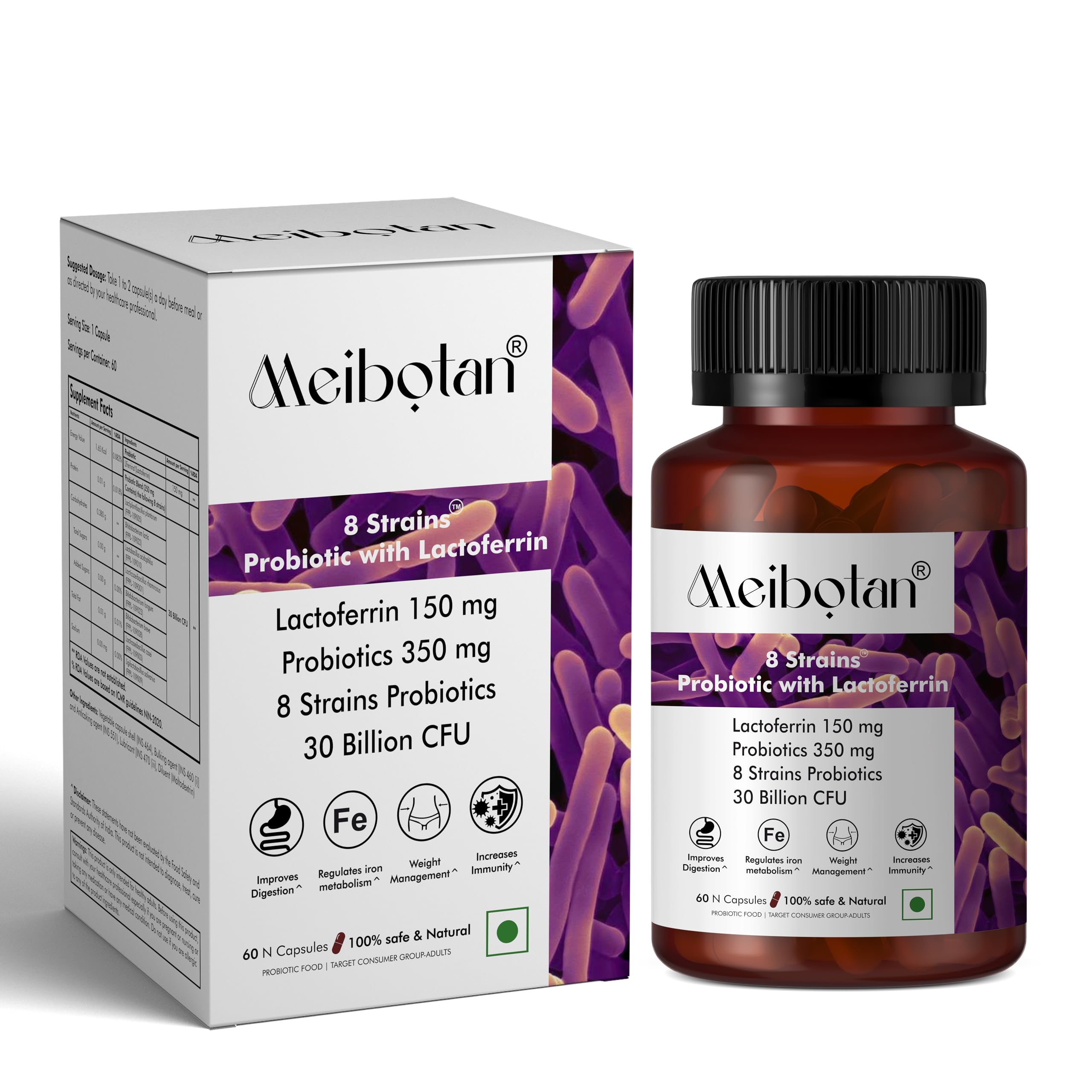 Meibotan Lactoferrin Supplement with Probiotics 30 Billion CFU For Men & Women with 8 Strains - Stimulates the Immune System, Regulates Iron Metabolism, Digestion, Immunity Support- 60 Veg Capsules-picture-28