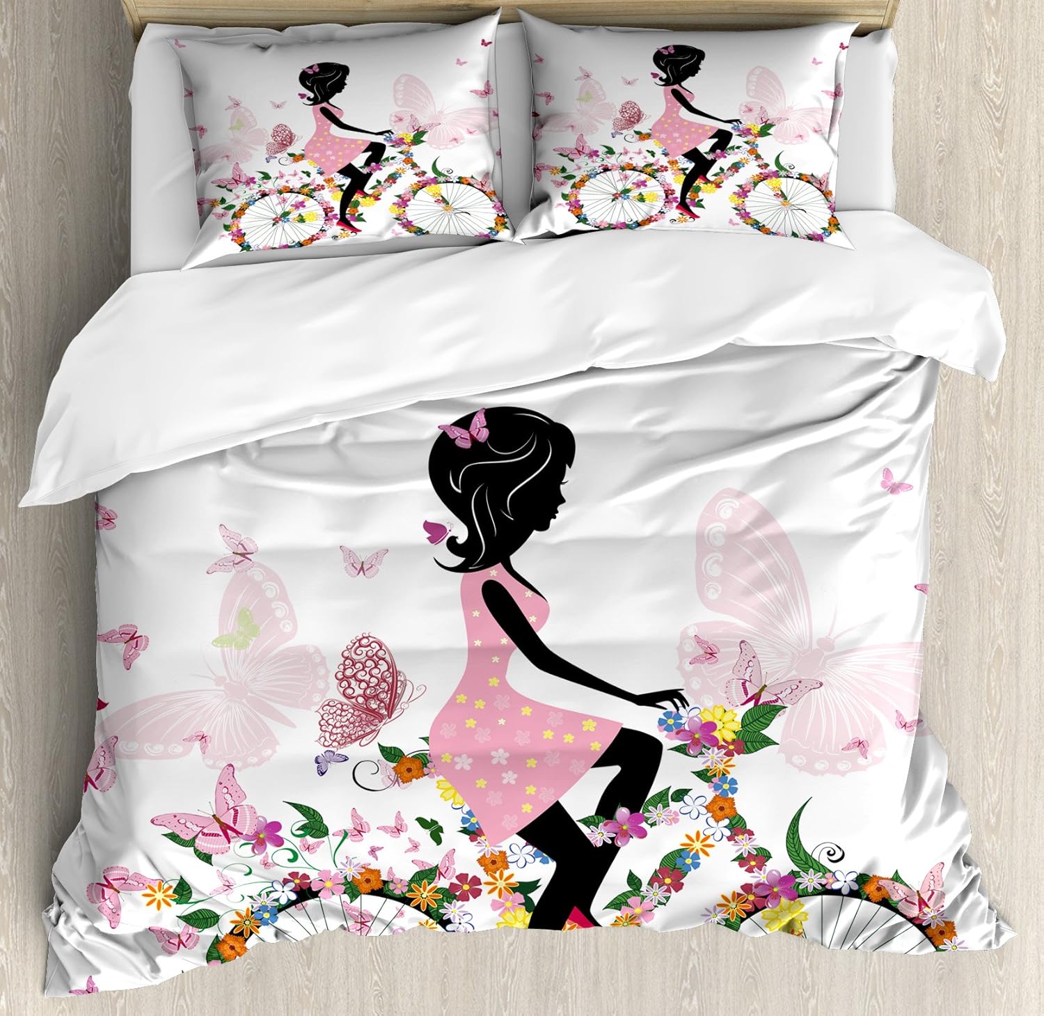 Ambesonne Bicycle Duvet Cover Set, Girl in a Pink Dress Riding a Bike with Colorful Flowers and Romantic Butterflies, Decorative 3 Piece Bedding Set with 2 Pillow Shams, Queen Size, Multicolor Pink King Multicolor Pink
