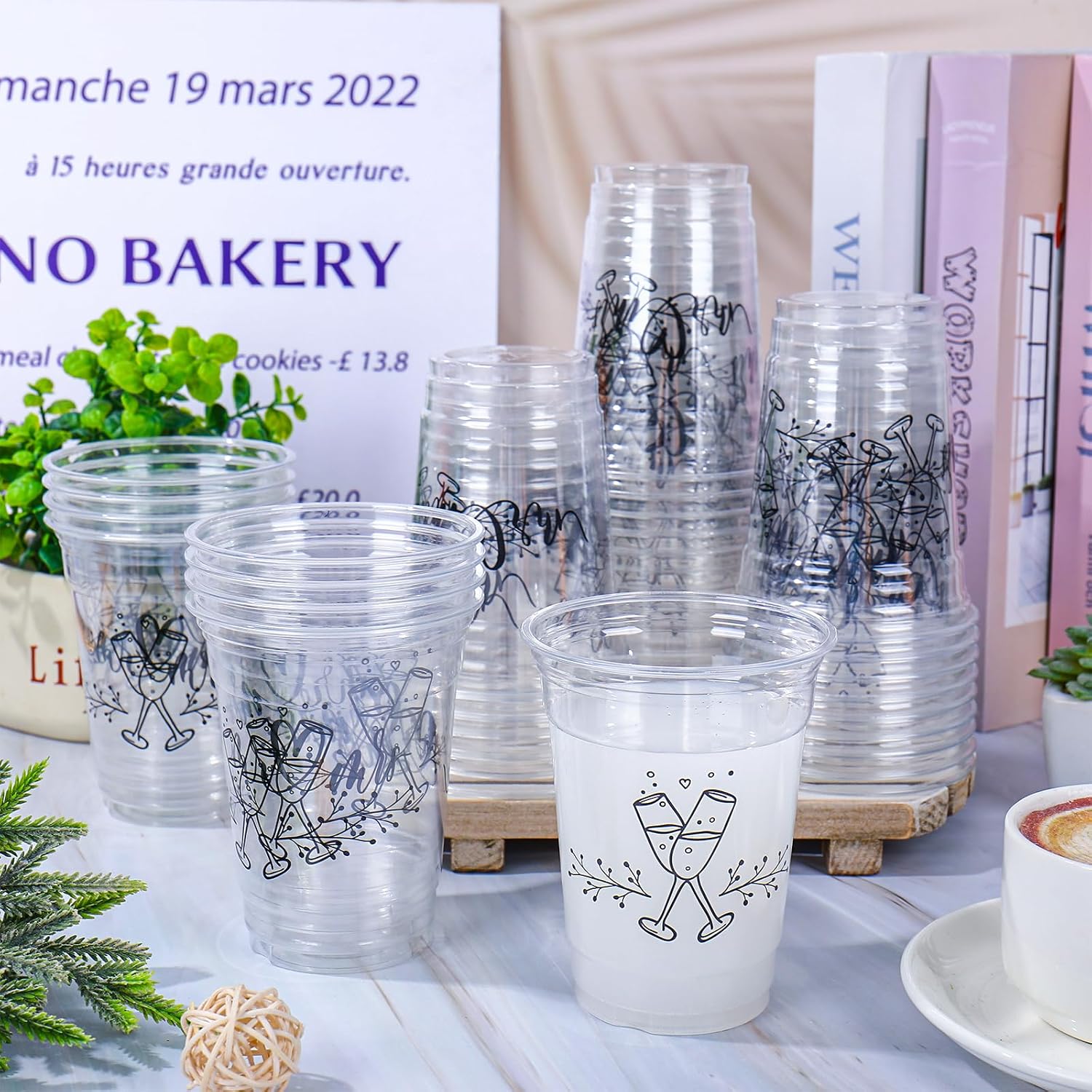 Whaline 50 Pcs Mr and Mrs 12 Oz Plastic Wedding Cups Clear Engagement Disposable Drinking Cup for Bridal Shower Coffee Juice Drink Decorations Wedding Theme Party Supplies
