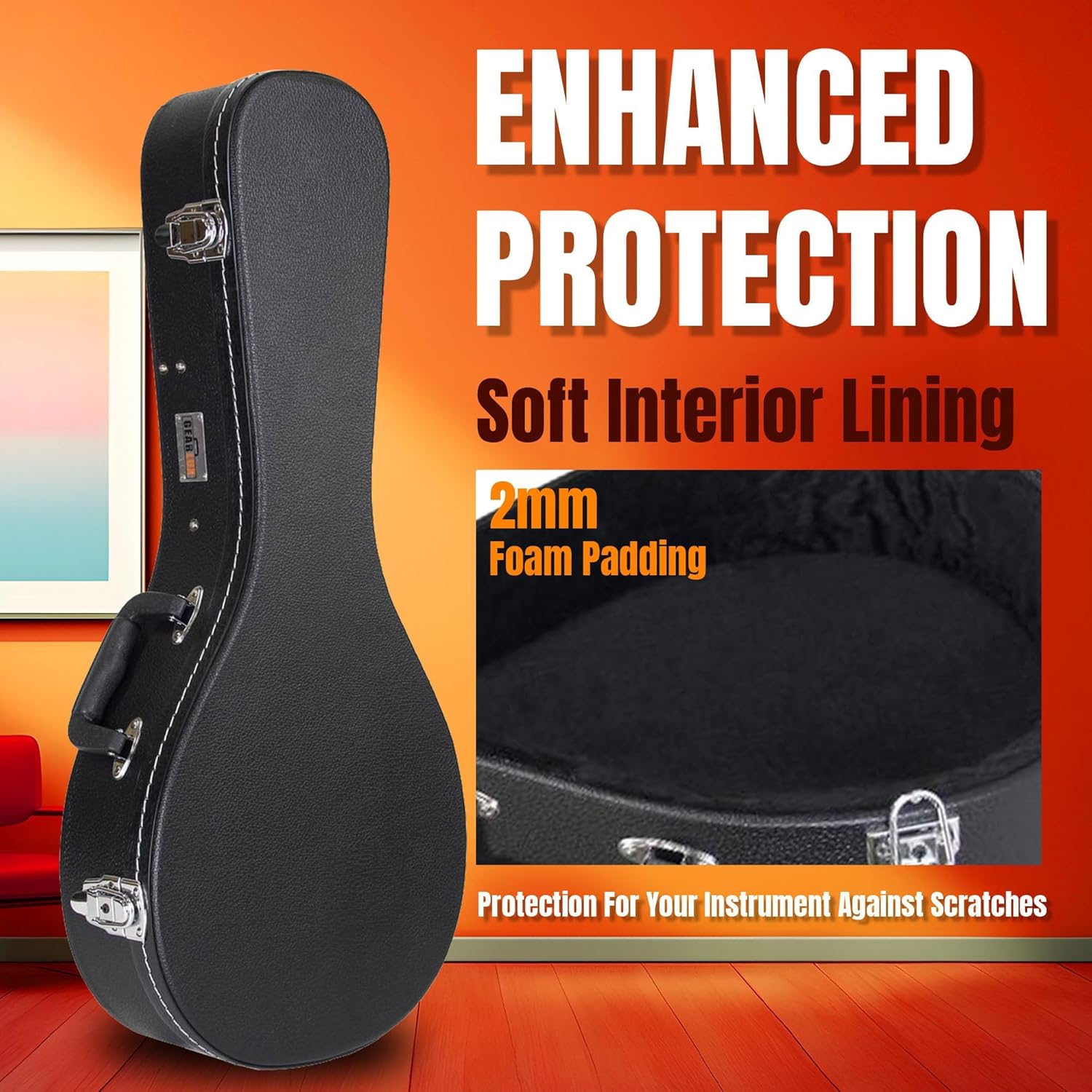 Gearlux A-Style Mandolin Hard Case with Exterior Lock and Key, Interior Accessory Compartment, and Plush Foam Interior Padding - Black