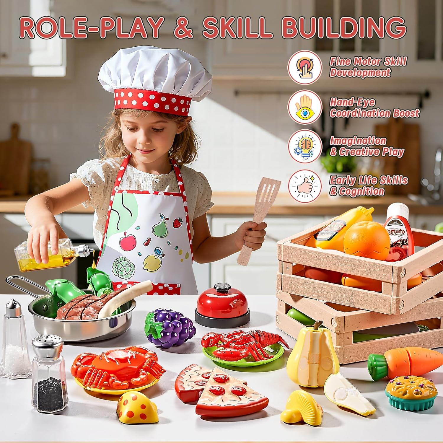 Play Kitchen Accessories, Large Stainless Steel Toddler Cooking Set, Kids Kitchen Playset with Cutting Play Food, Condiments, Chef Apron & Hat, Service Bell, Toy Food with 2 Baskets, Boys Girls Gifts. - Image 5
