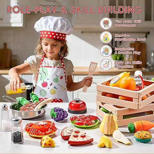 Miniatura 6 de Juego de accesorios de cocina, juego de cocina grande de acero inoxidable para niños con comida de corte, condimentos, delantal de chef y sombrero,