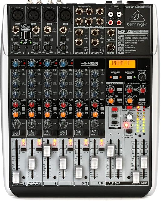 Behringer XENYX QX1204USB Premium 12-Input 2/2-Bus Mixer with XENYX Mic Preamps and Compressors, Klark Teknik Multi-FX Processor, Wireless Option and USB/Audio Interface, Compatible with PC and Mac