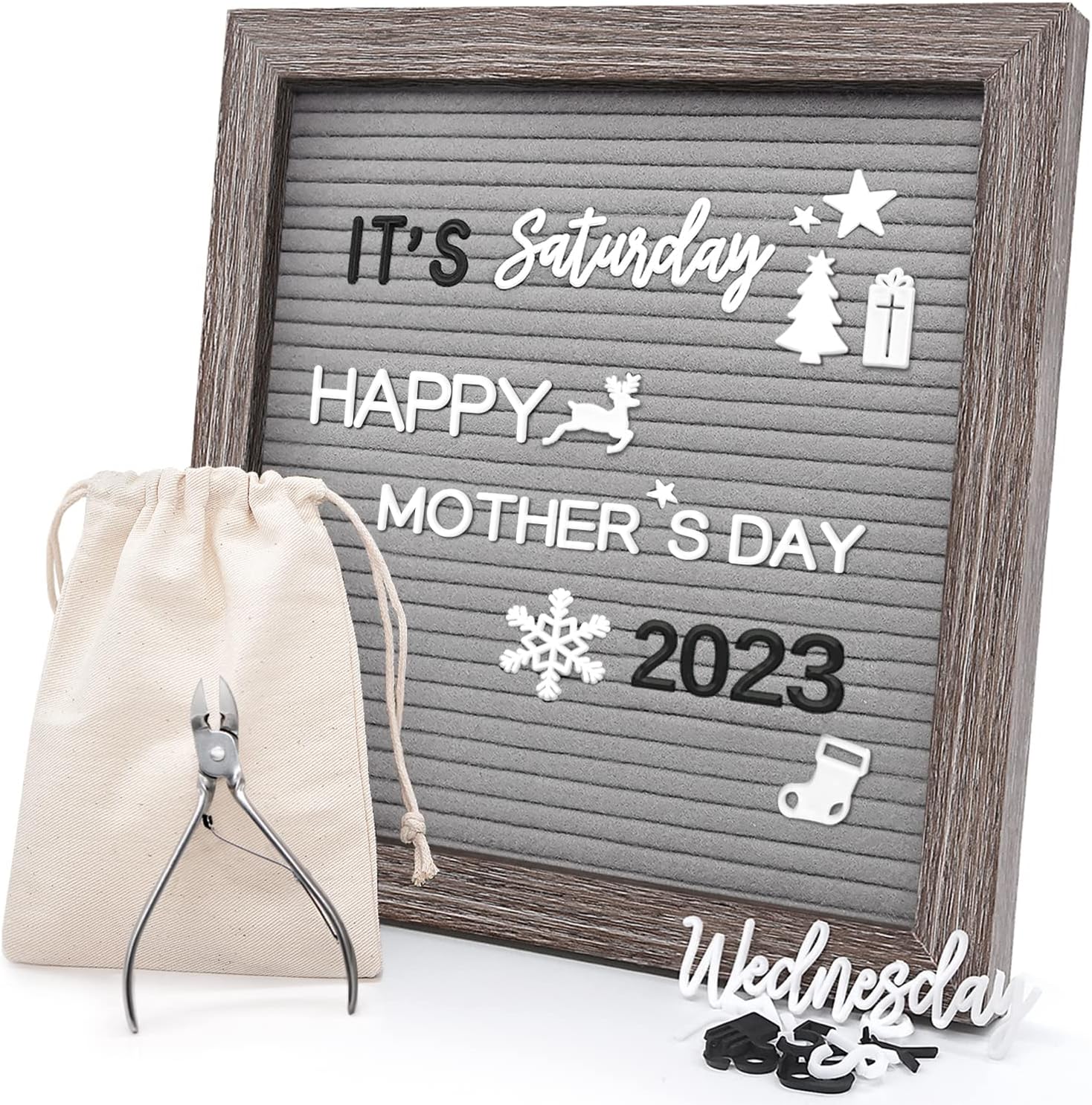 Felt Letter Board 10x10 Inches, Gray Changeable Message Board with Stand & Wall Hook, 803 Black & White Letters, Emojis, Months & Weeks, Arabic Numerals, Canvas Bag and Scissors - Rustic Wood Frame 2023 : Office Products