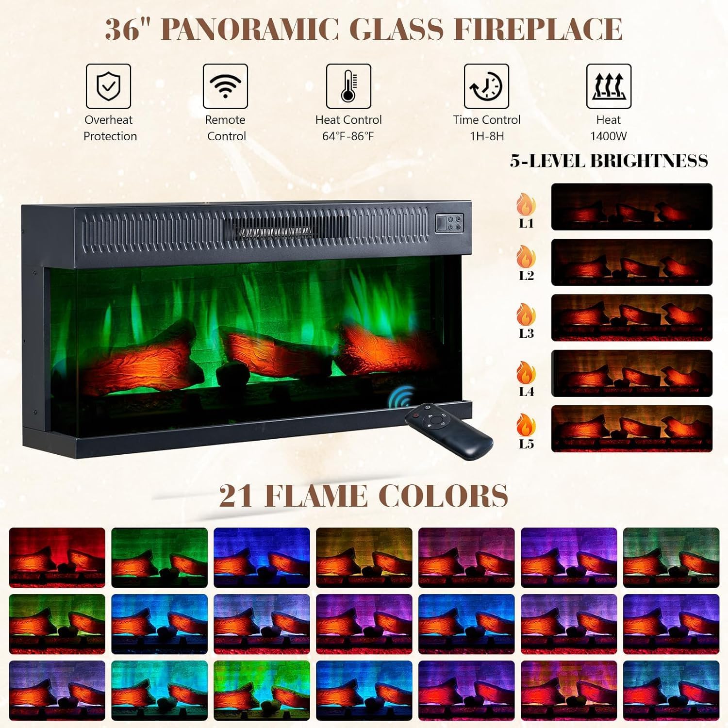 5-Piece Farmhouse Living Room Table Sets, Includes 75" Rustic TV Stand with 36" 3-Sided Glass Fireplace, 40" Coffee Table and 2 End Tables with Charging Station & Barn Doors, Black Oak 75in Black Oak