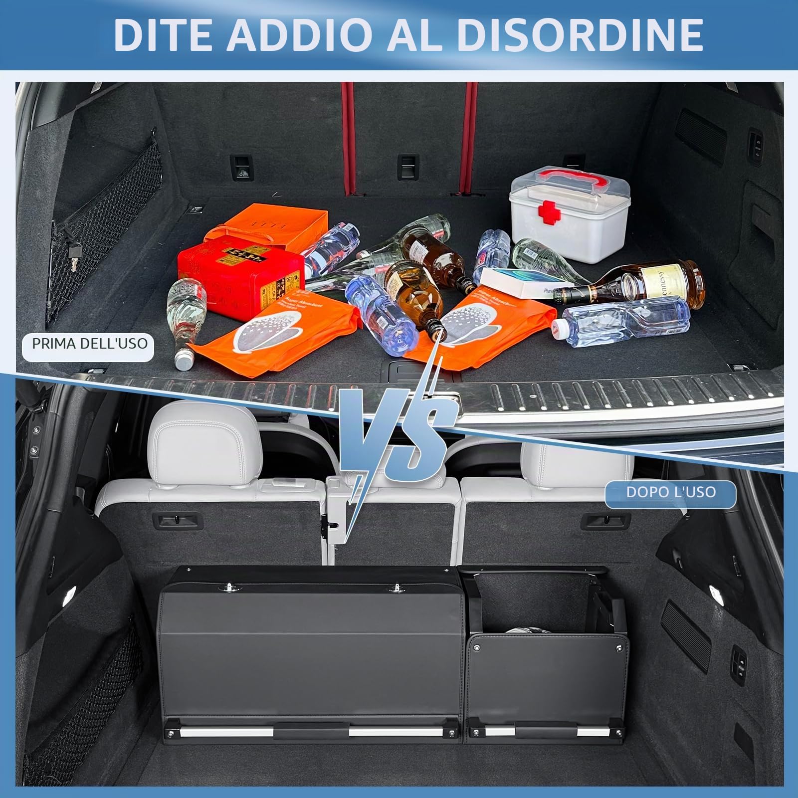 Organizer per bagagliaio auto con coperchio – Scatola di stoccaggio modulare 2 in 1 Grande XXL | Robusto manico estraibile, Pelle resistente, Telaio in ABS | Borsa per bagagliaio con sub-box(92cm