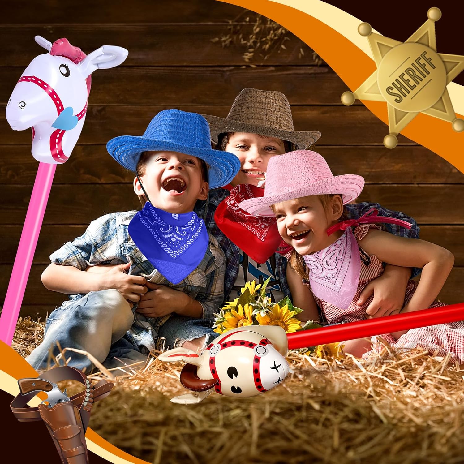 Toulite 36 Pcs Western Cowboy Party Costume Set Cowboy Hats Paisley Bandanas Inflatable Stick Horses for Western Party Favors - Image 5
