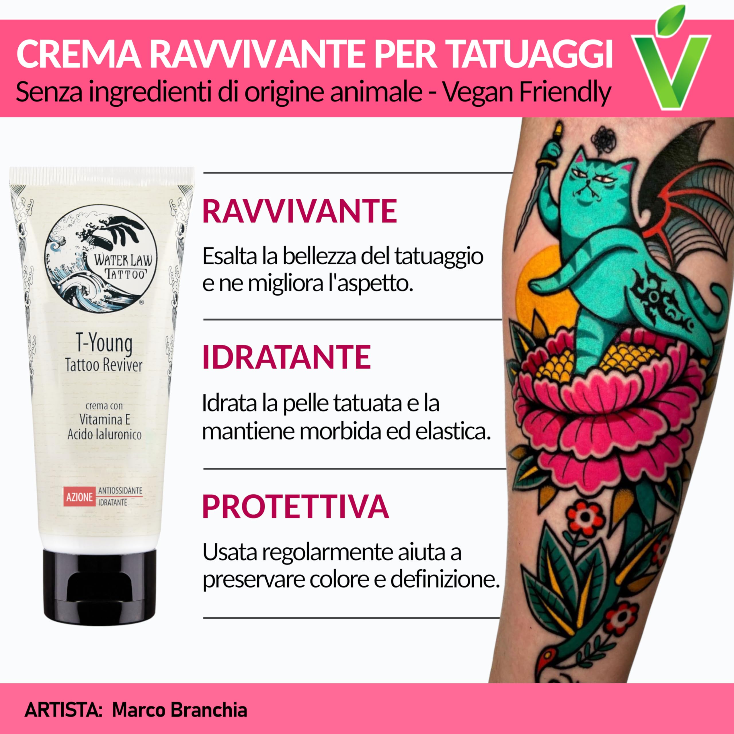 Water Law Tattoo - T-YOUNG TATTOO REVIVER - Nawilżający i rewitalizujący balsam do tatuażu - witamina E i kwas hialuronowy - 50 ml - Wyprodukowano we Włoszech