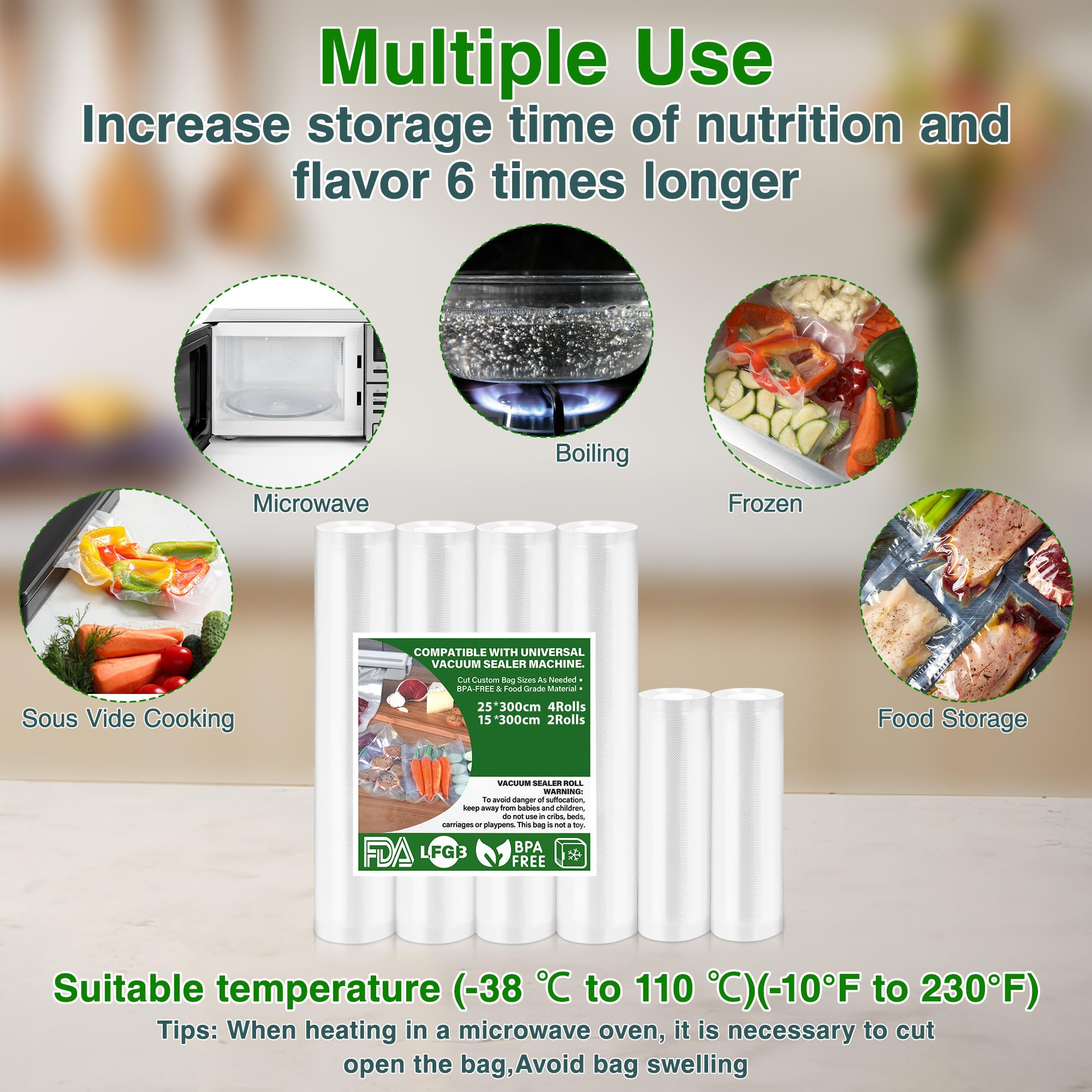 Sac Sous Vide Alimentaire 6 Rouleaux 15|20|25|28x300cm - Film Épais 170µm Sans BPA Compatible Toutes Machines