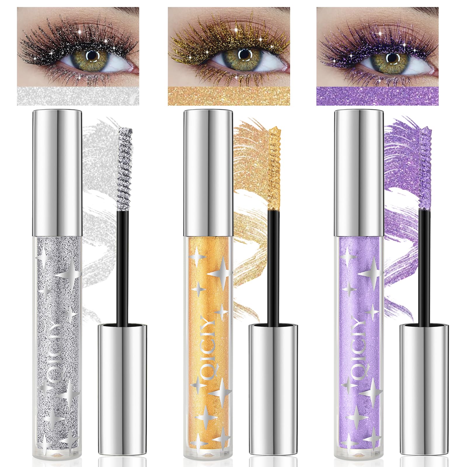 Samkeen Glitter Mascara, Color Mascara Eyeshadow, Waterproof, Transparent, Glitter Diamond Silver/Gold/Purple Lashes
