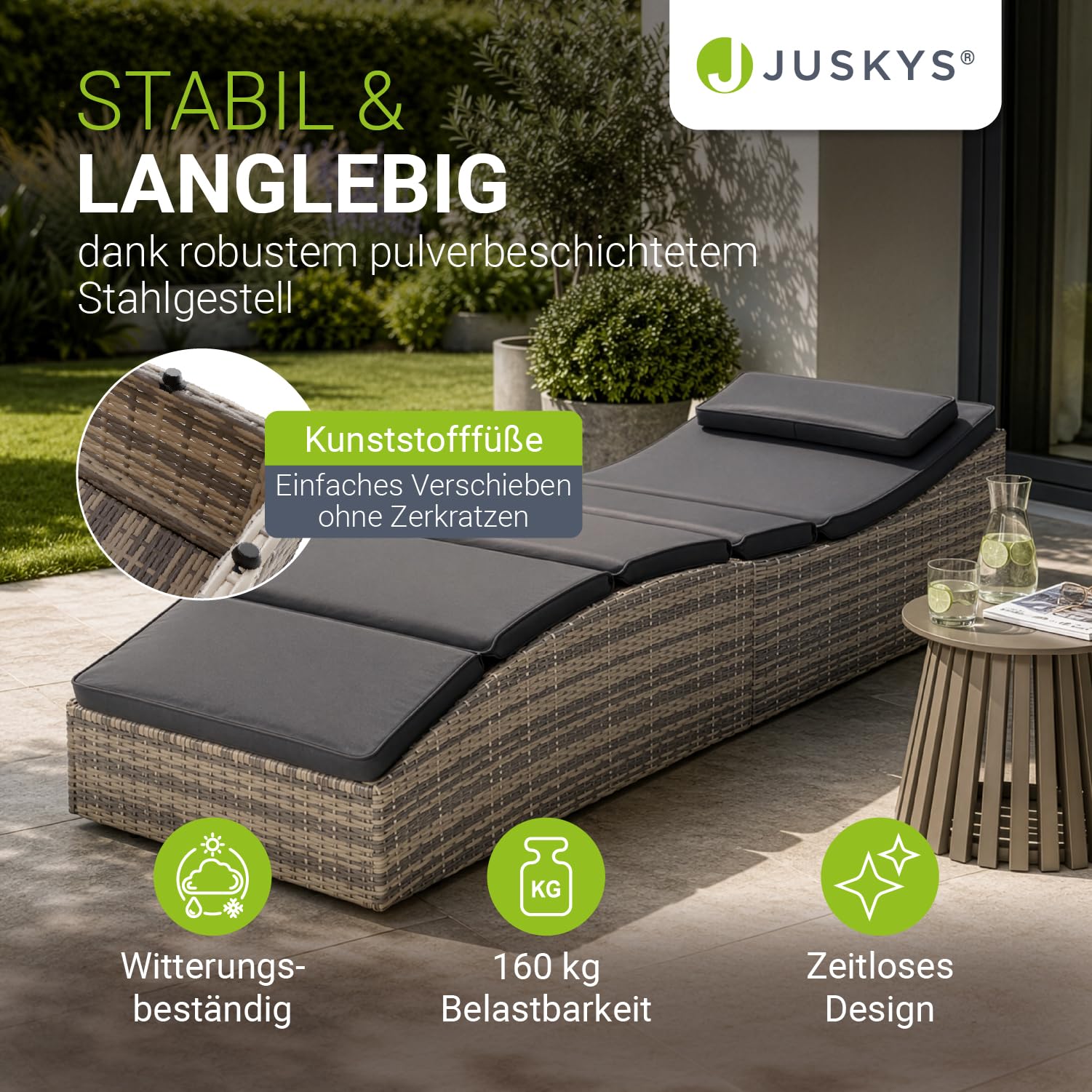 Juskys Sonnenliege Lamia klappbar - Polyrattan Gartenliege mit Auflage, Kopfteil verstellbar, 160 kg belastbar - Garten Balkon Outdoor Liege Grau