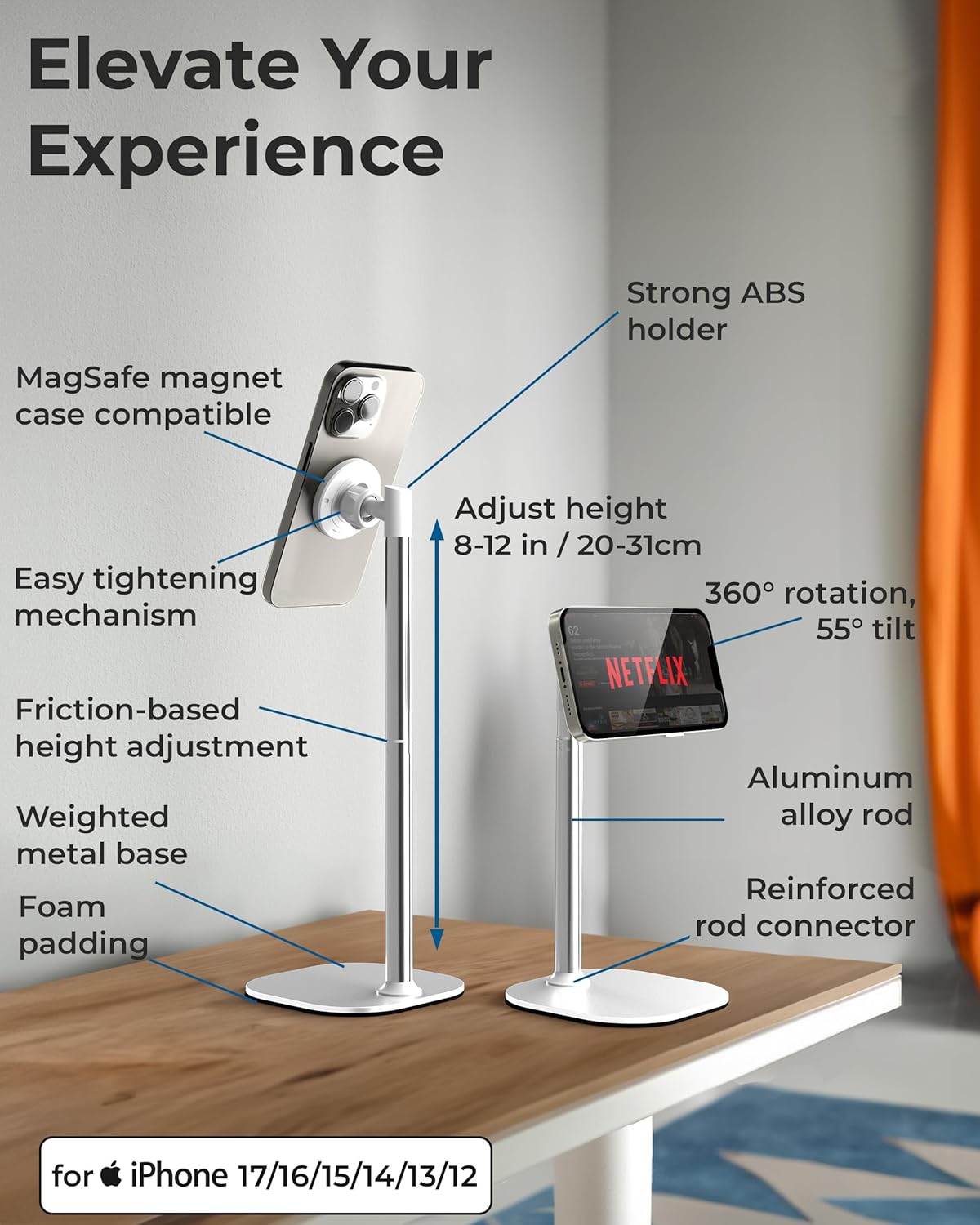 COOPER MagStand - iPhone Stand for Desk & Video Recording, Compatible with MagSafe, Stand for iPhone 17 Pro Max Plus, 16/15/14/13/12 (x2 Pack - Frost White)